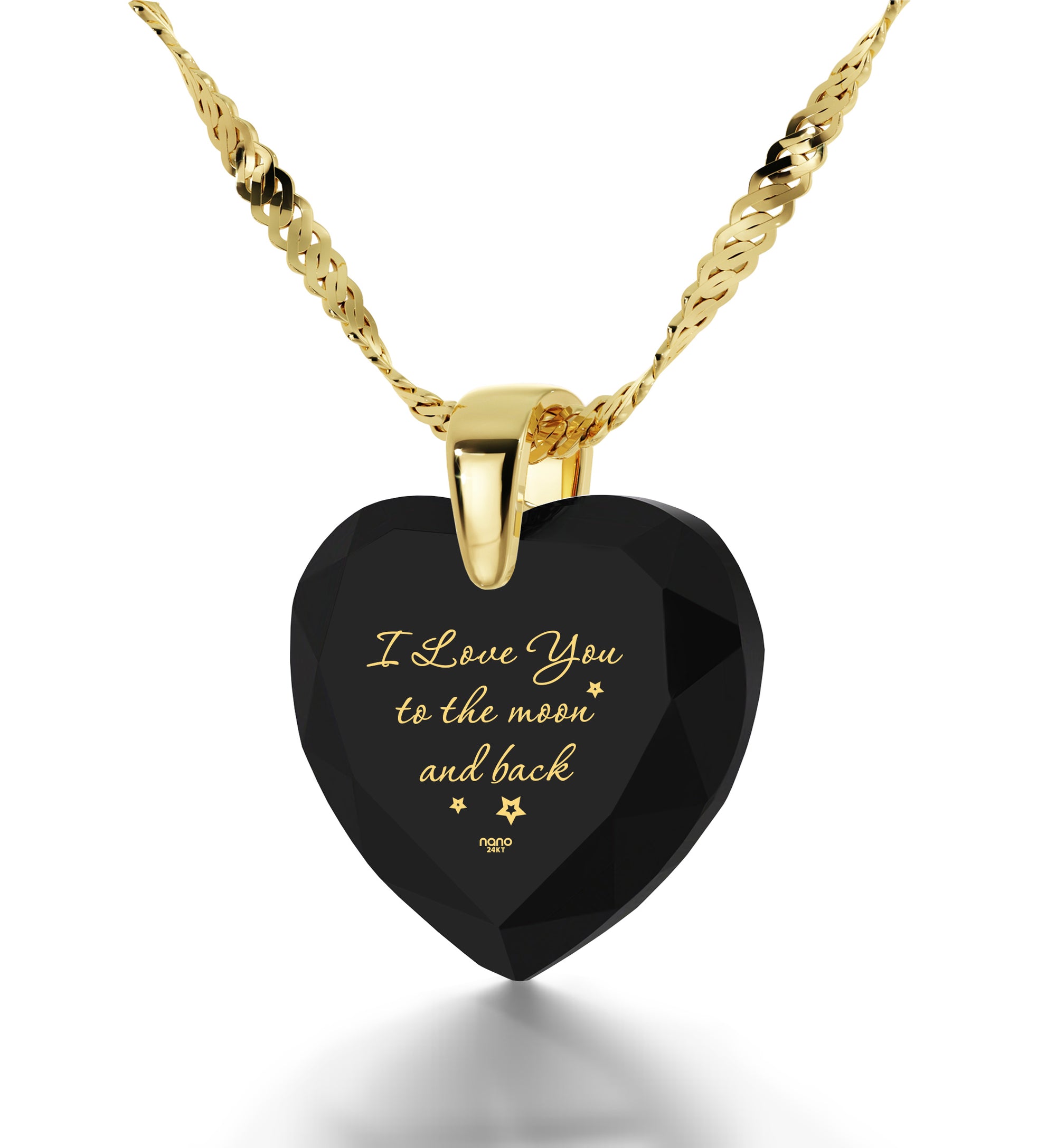 Gold Plated I Love You to The Moon and Back Necklace 24k Gold Inscribed Heart Cubic Zirconia Pendant - NanoStyle Jewelry