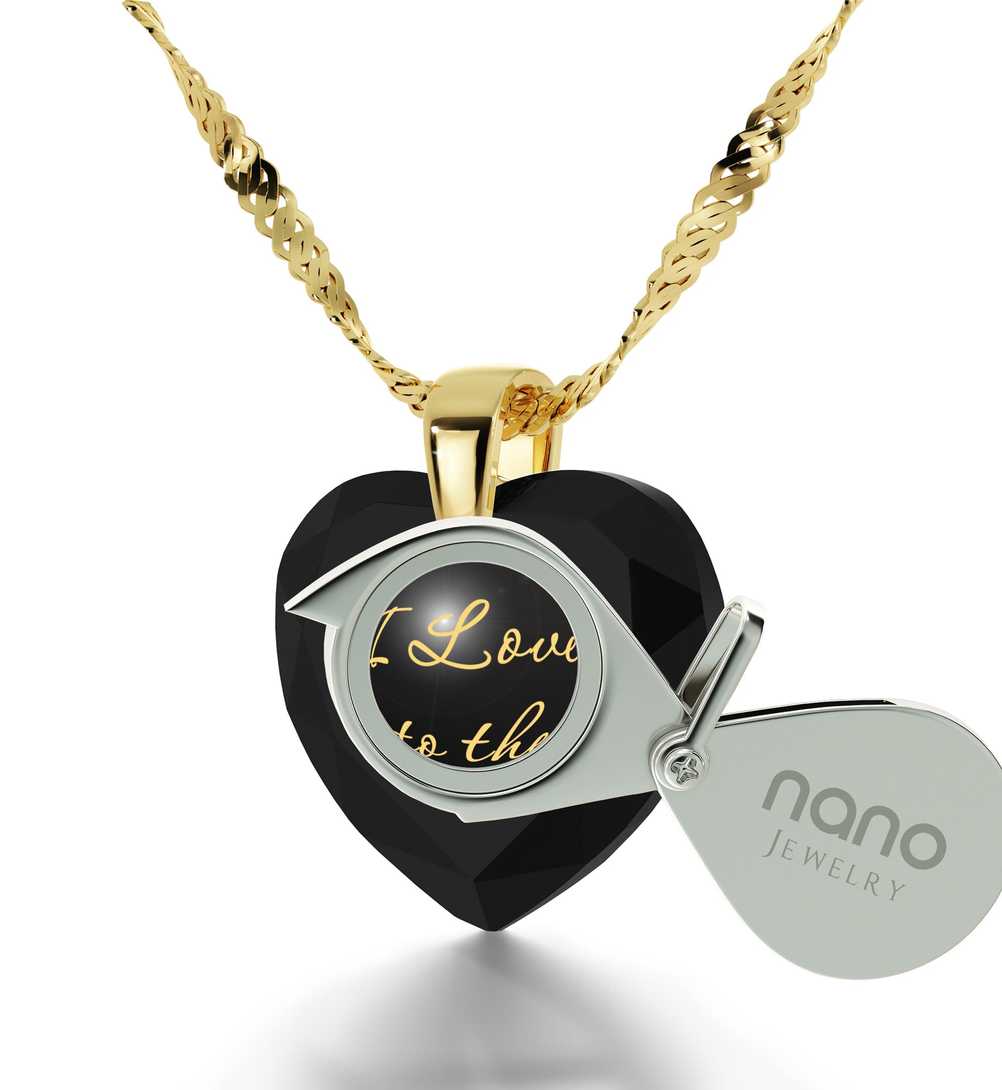Gold Plated I Love You to The Moon and Back Necklace 24k Gold Inscribed Heart Cubic Zirconia Pendant - NanoStyle Jewelry