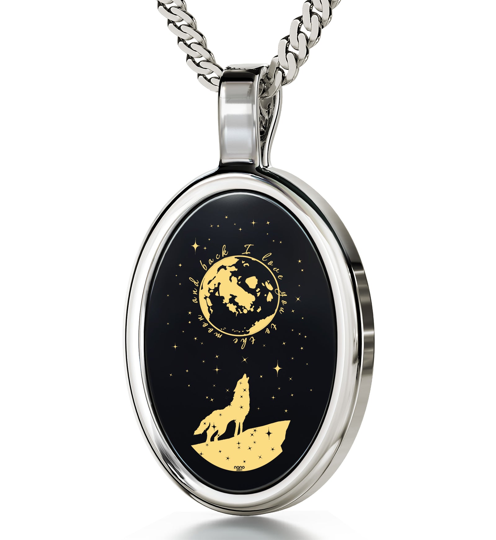 I Love You to the Moon and Back Necklace Wolf Pendant 24k Gold Inscribed on Onyx - NanoStyle Jewelry