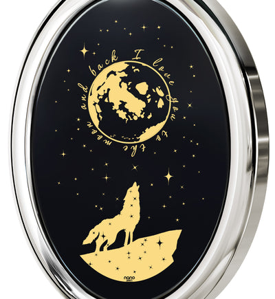 I Love You to the Moon and Back Necklace Wolf Pendant 24k Gold Inscribed on Onyx - NanoStyle Jewelry