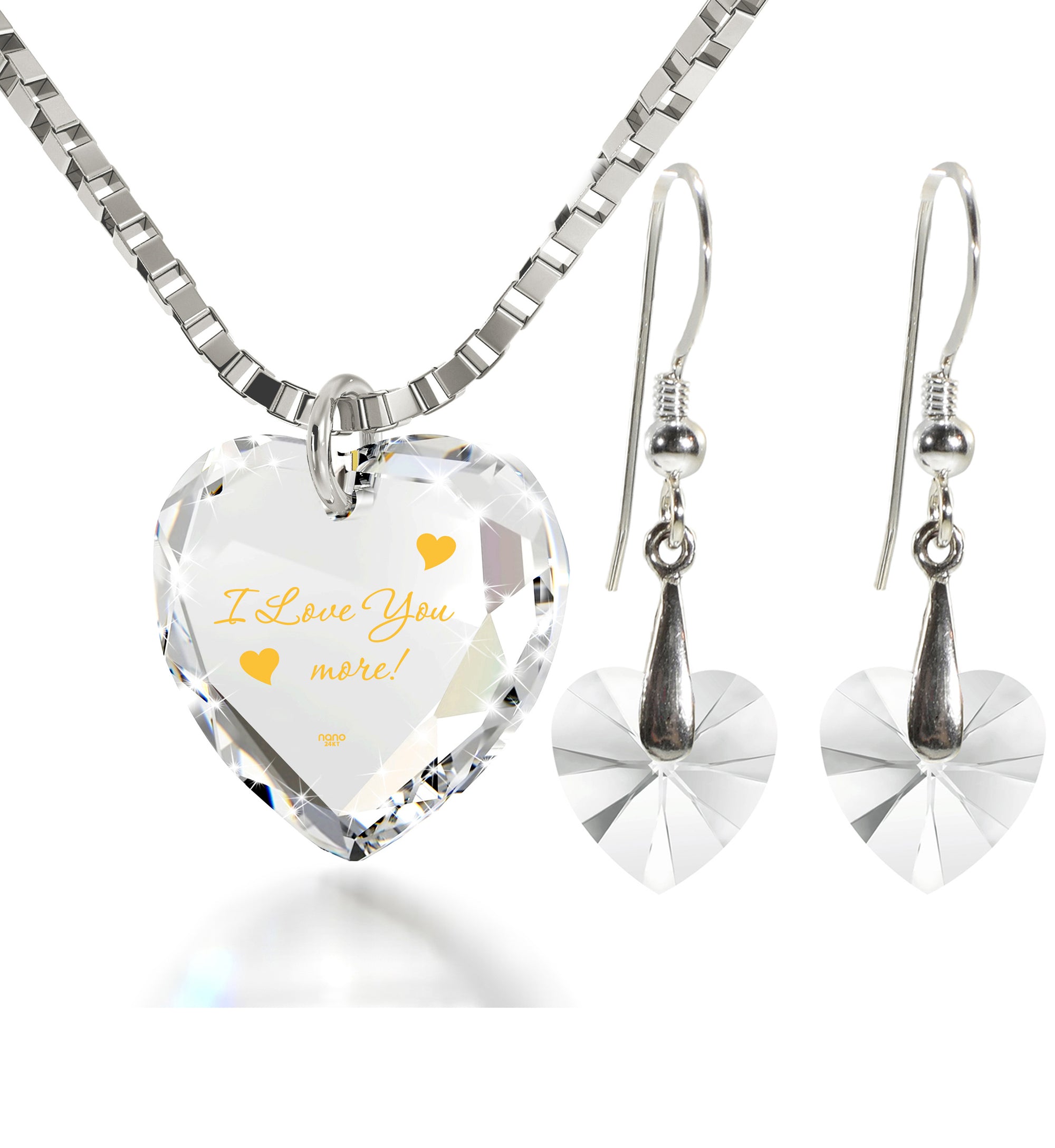 Tiny Heart Jewelry Set 24k Gold Inscribed I Love You More Necklace and Drop Earrings - NanoStyle Jewelry