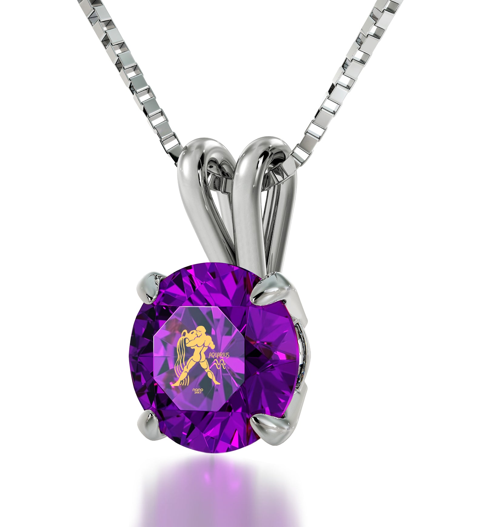 925 Sterling Silver Aquarius Necklace Zodiac Pendant 24k Gold Inscribed on Crystal - NanoStyle Jewelry