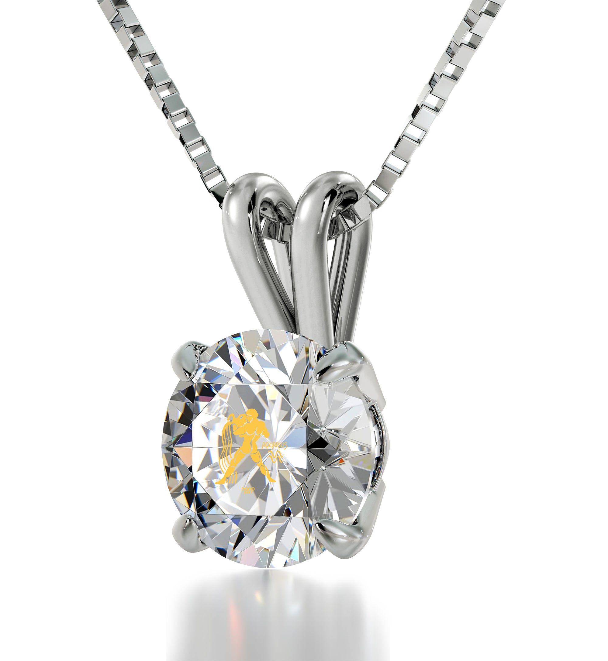 925 Sterling Silver Aquarius Necklace Zodiac Pendant 24k Gold Inscribed on Crystal - NanoStyle Jewelry
