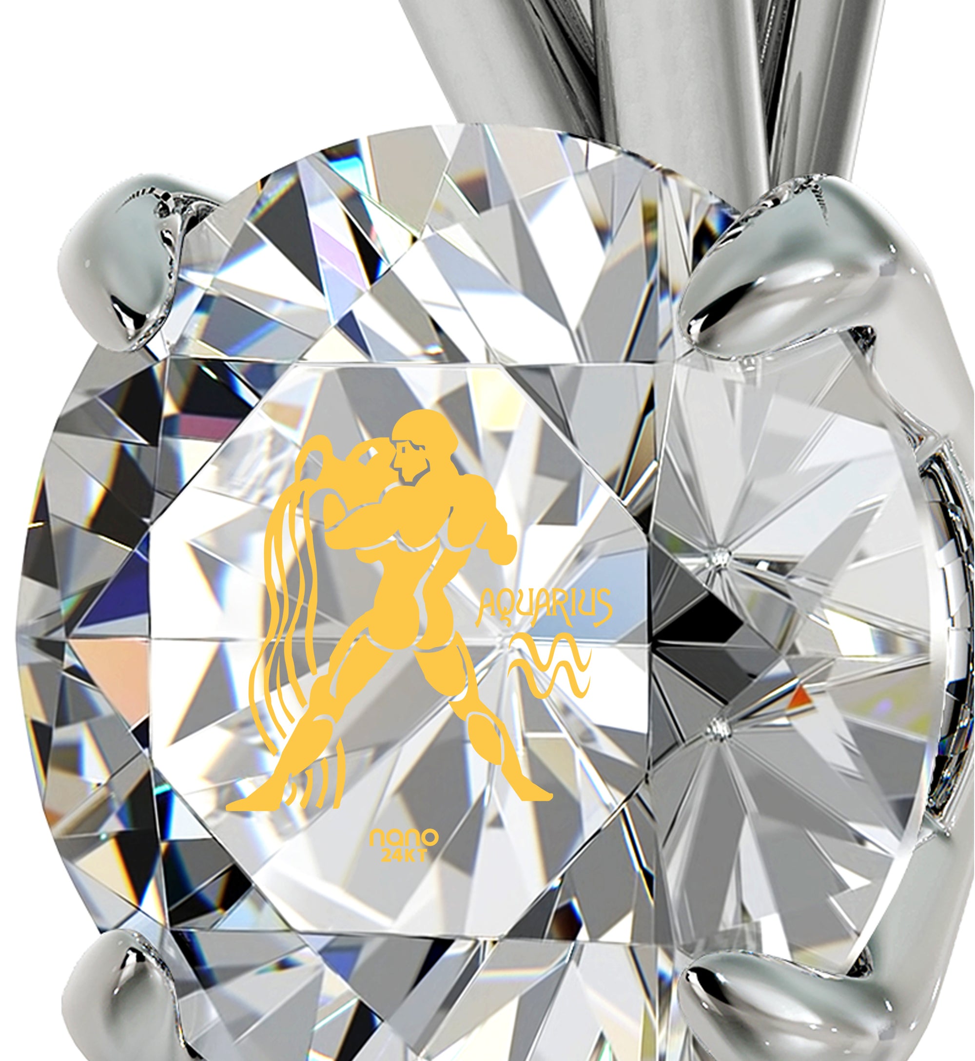 925 Sterling Silver Aquarius Necklace Zodiac Pendant 24k Gold Inscribed on Crystal - NanoStyle Jewelry