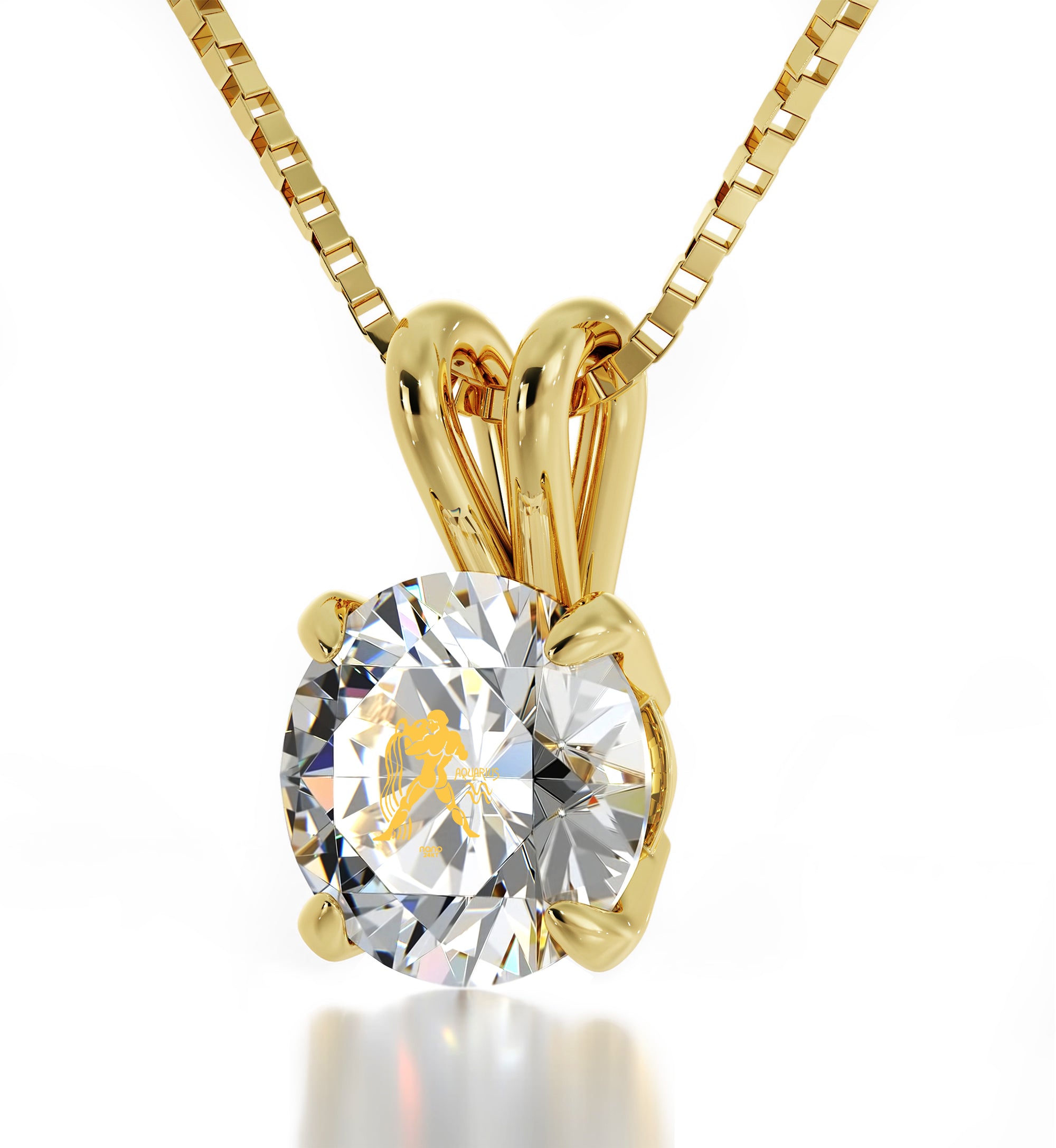 Gold Plated Aquarius Necklace Zodiac Pendant 24k Gold inscribed on Crystal - NanoStyle Jewelry