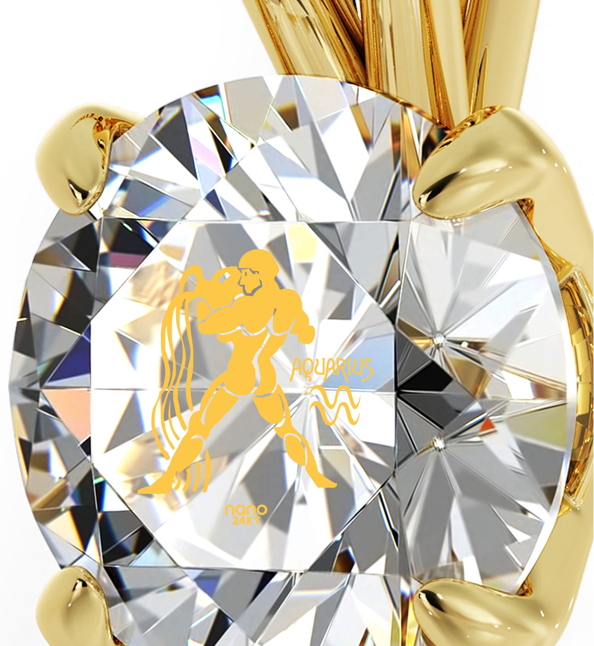 Gold Plated Aquarius Necklace Zodiac Pendant 24k Gold inscribed on Crystal - NanoStyle Jewelry