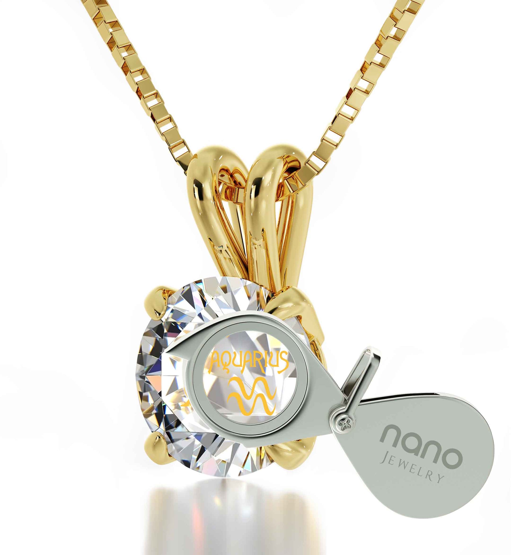 Gold Plated Aquarius Necklace Zodiac Pendant 24k Gold inscribed on Crystal - NanoStyle Jewelry
