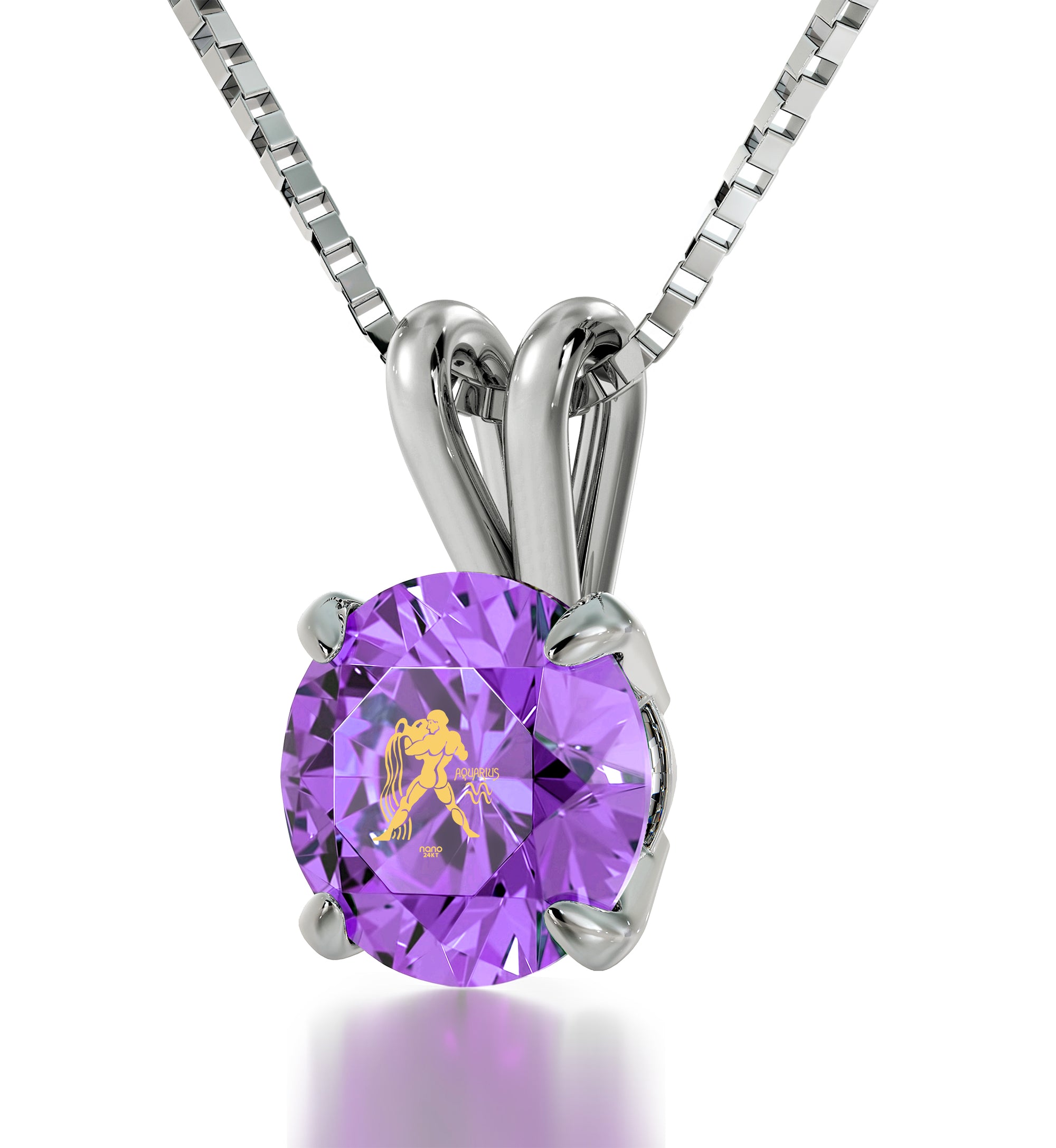 925 Sterling Silver Aquarius Necklace Zodiac Pendant 24k Gold Inscribed on Crystal - NanoStyle Jewelry