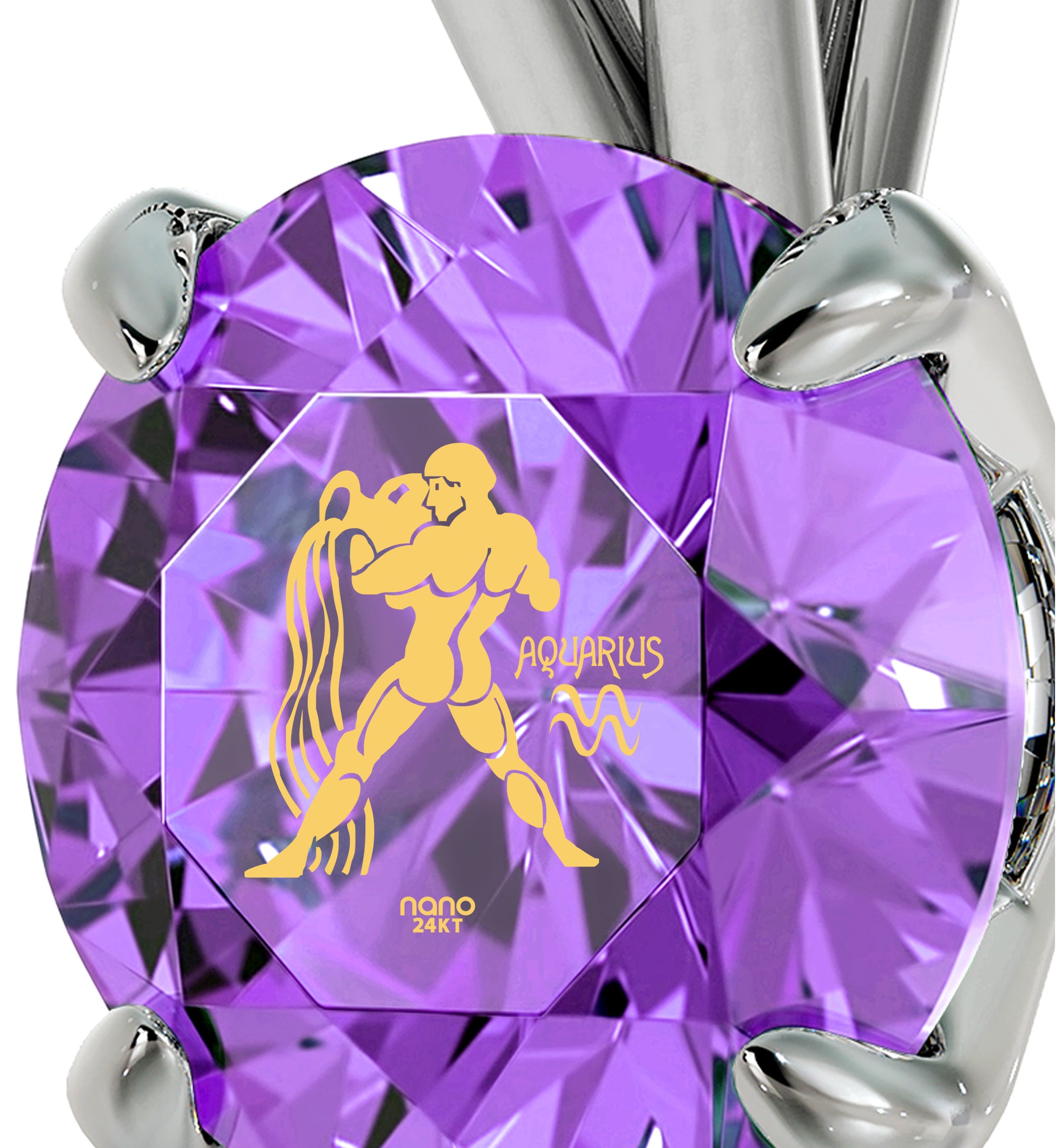 925 Sterling Silver Aquarius Necklace Zodiac Pendant 24k Gold Inscribed on Crystal - NanoStyle Jewelry