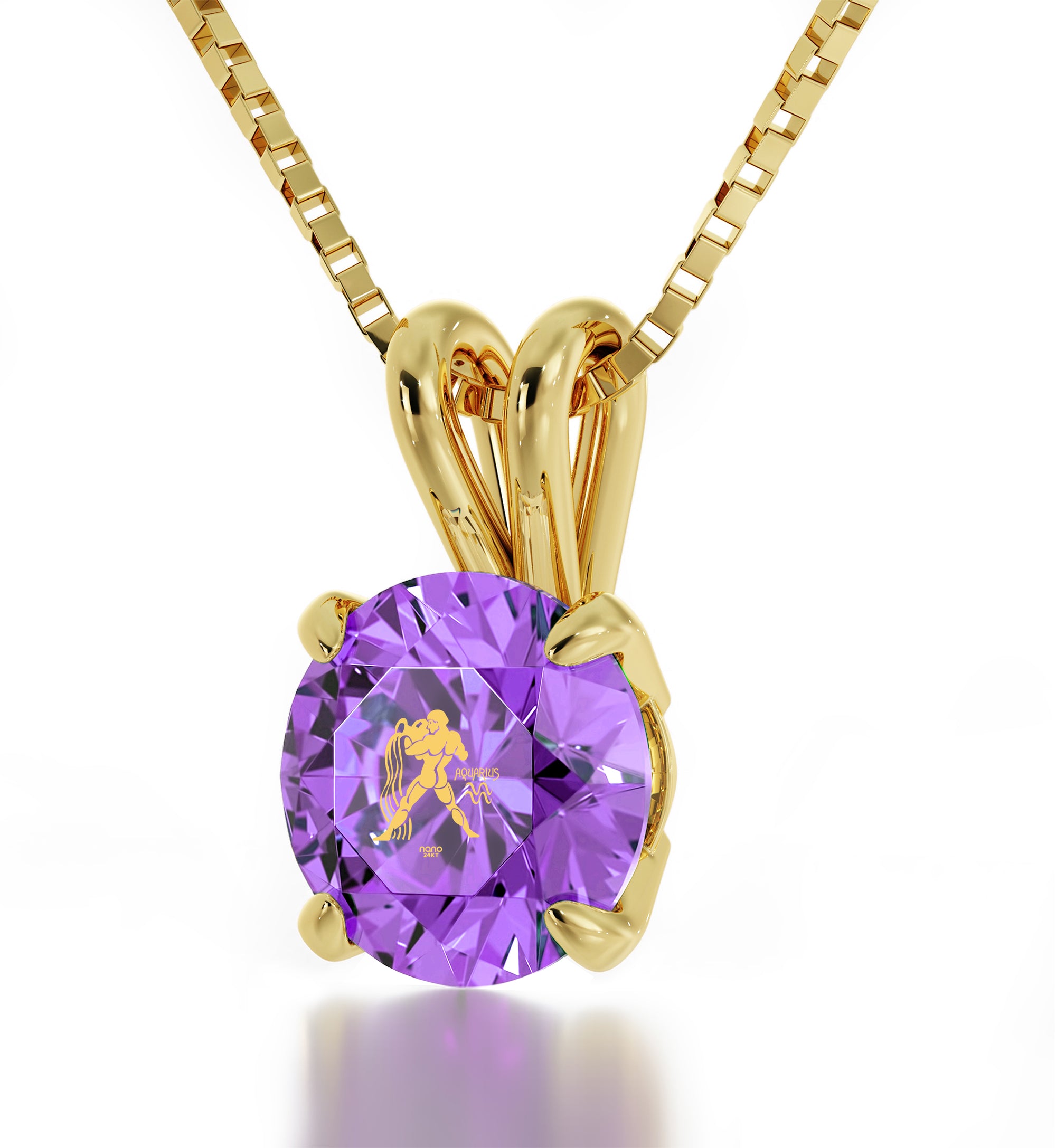 Gold Plated Aquarius Necklace Zodiac Pendant 24k Gold inscribed on Crystal - NanoStyle Jewelry