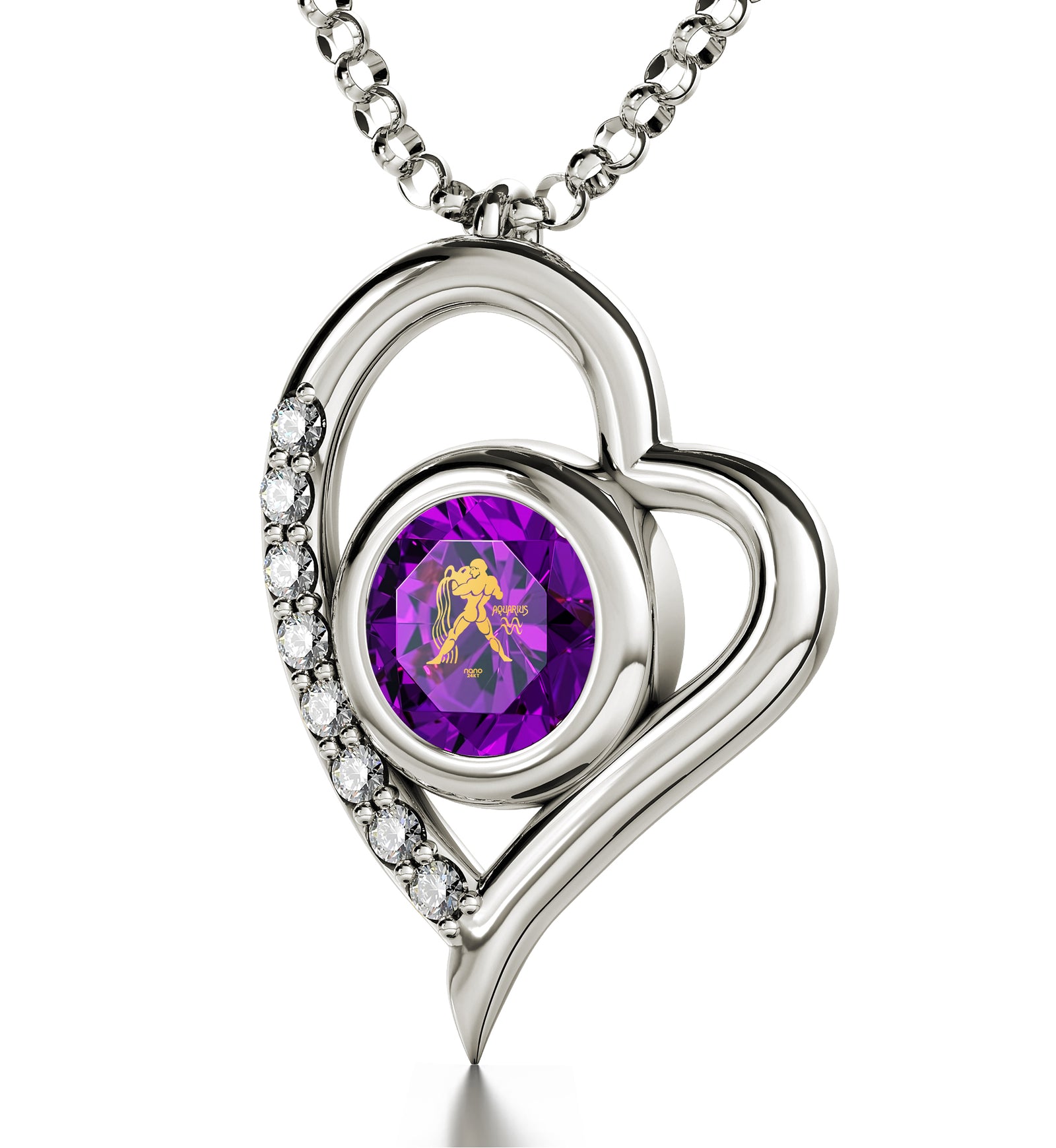 925 Sterling Silver Aquarius Necklace Zodiac Heart Pendant 24k Gold inscribed on Crystal - NanoStyle Jewelry