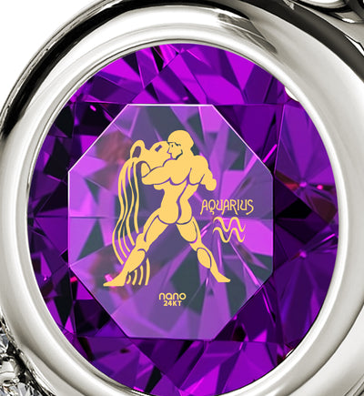 925 Sterling Silver Aquarius Necklace Zodiac Heart Pendant 24k Gold inscribed on Crystal - NanoStyle Jewelry