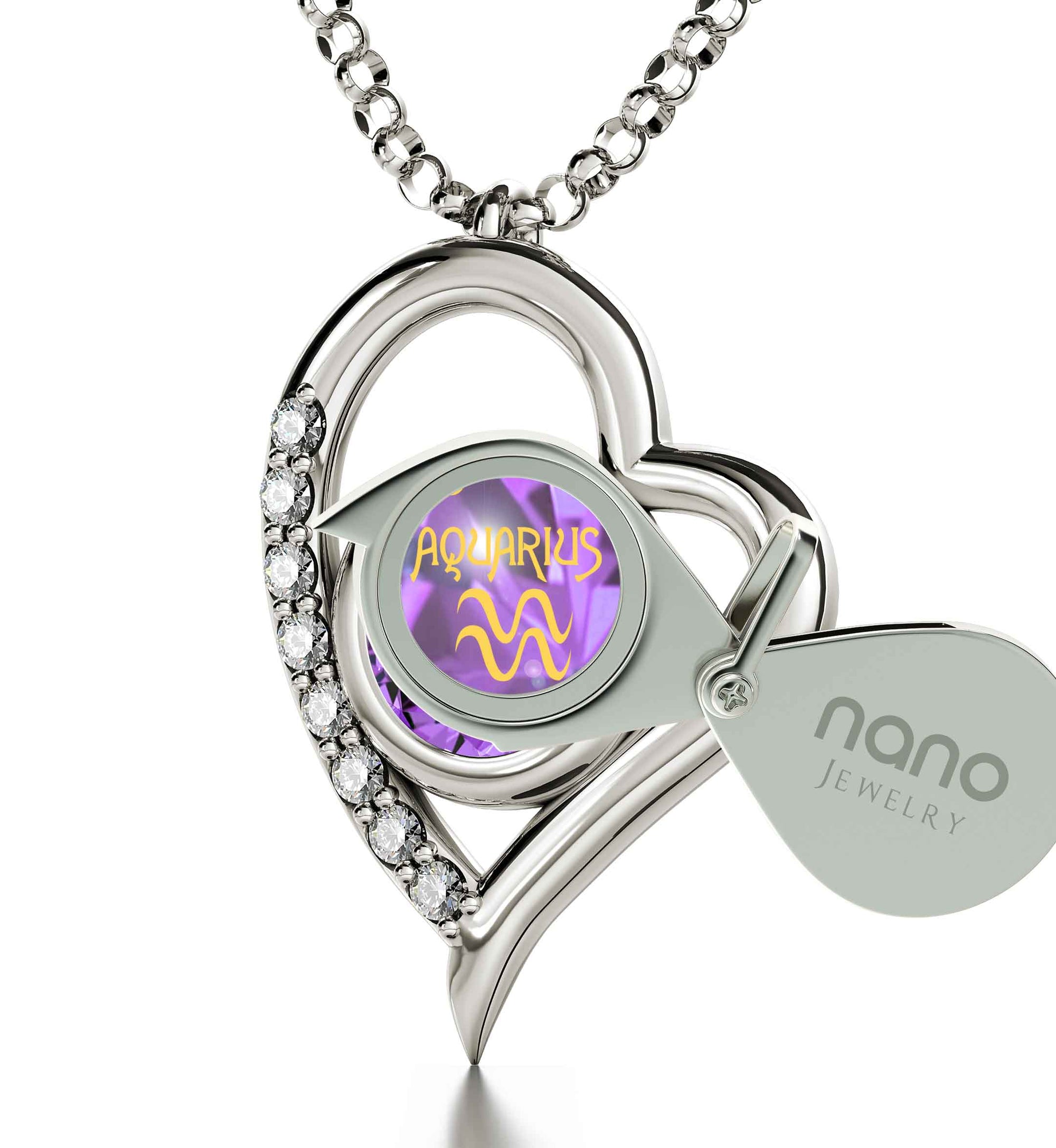 925 Sterling Silver Aquarius Necklace Zodiac Heart Pendant 24k Gold inscribed on Crystal - NanoStyle Jewelry