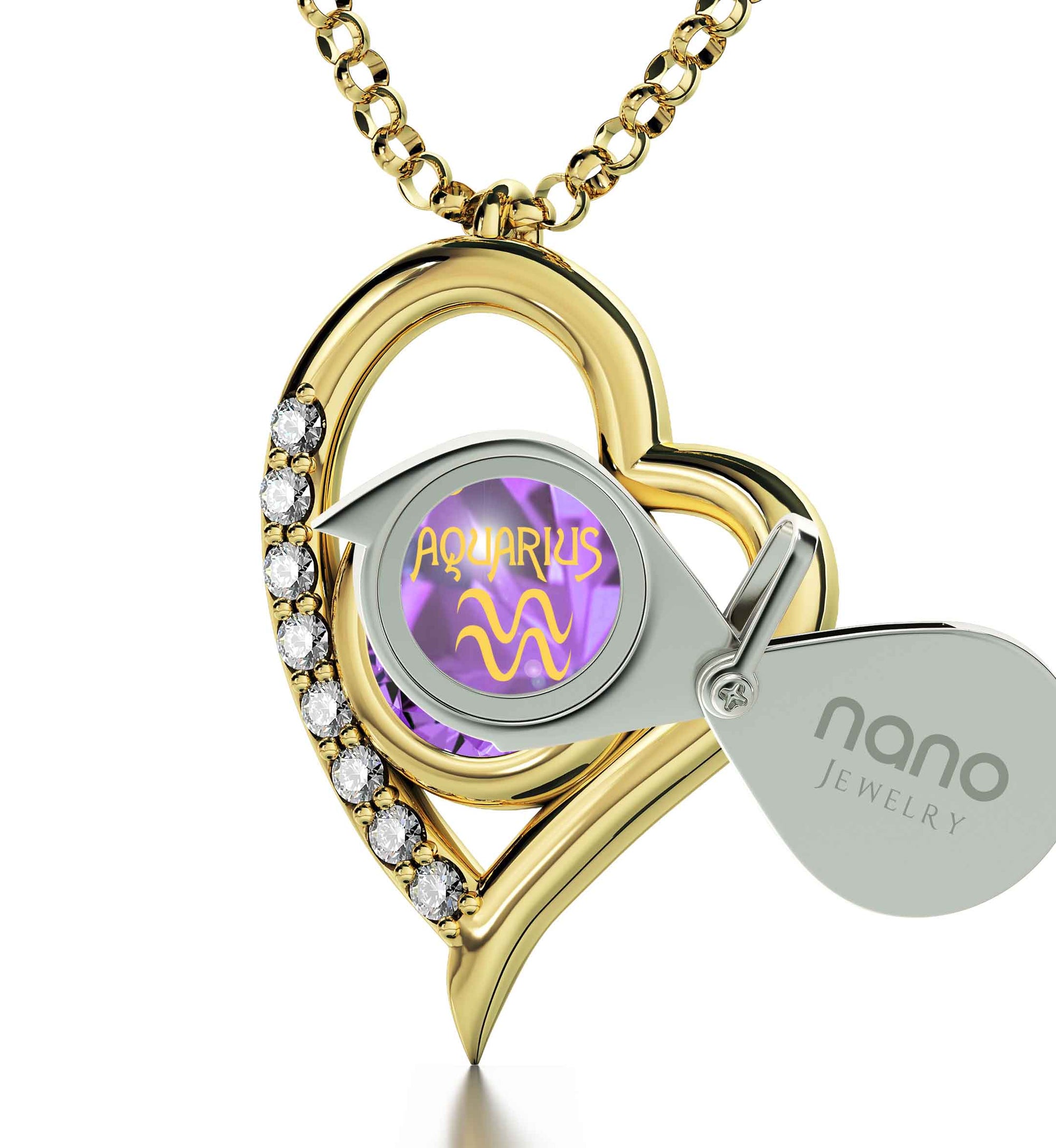Gold Plated Zodiac Heart Pendant Aquarius Necklace 24k Gold inscribed on Crystal - NanoStyle Jewelry