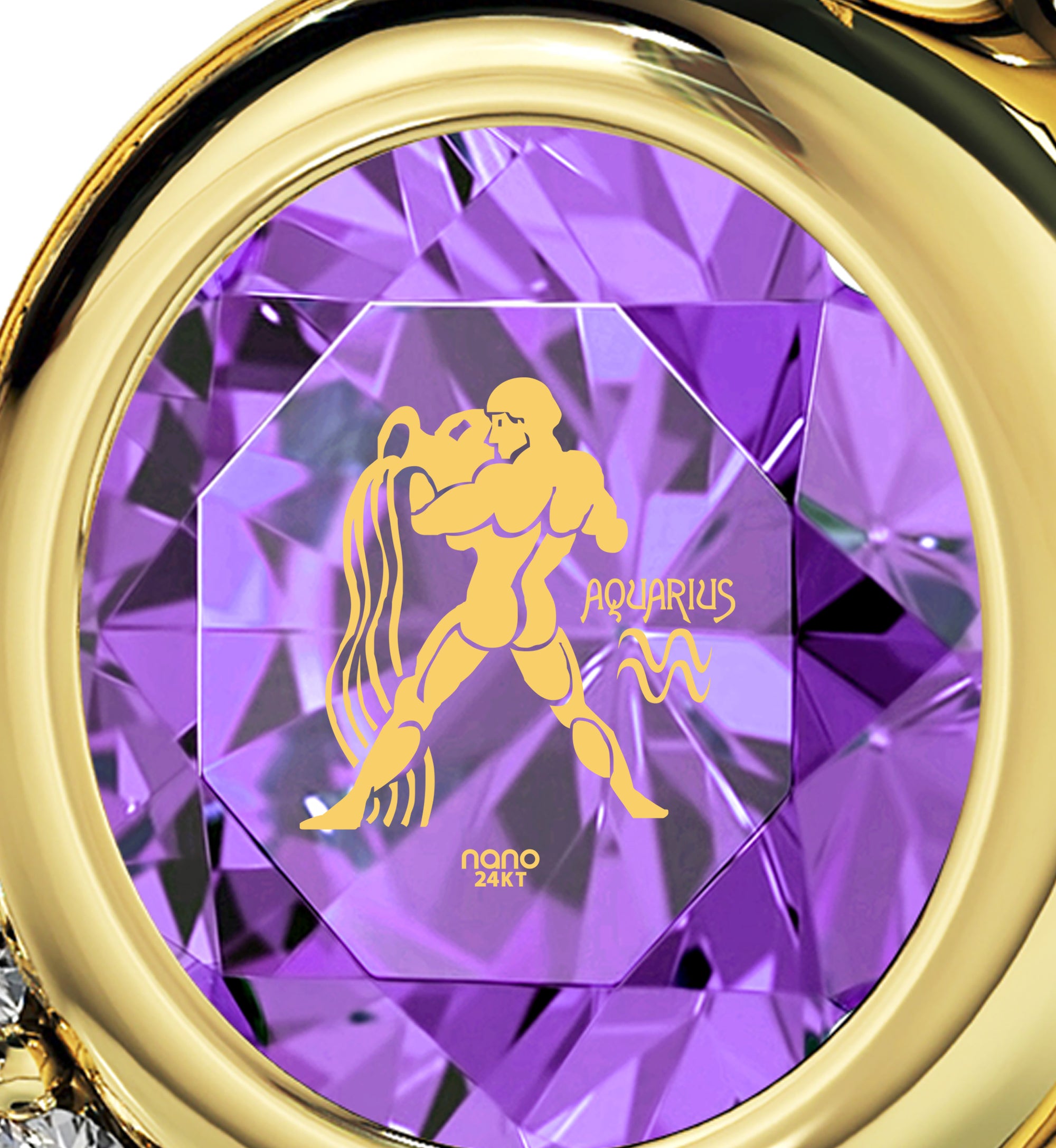 Gold Plated Zodiac Heart Pendant Aquarius Necklace 24k Gold inscribed on Crystal - NanoStyle Jewelry