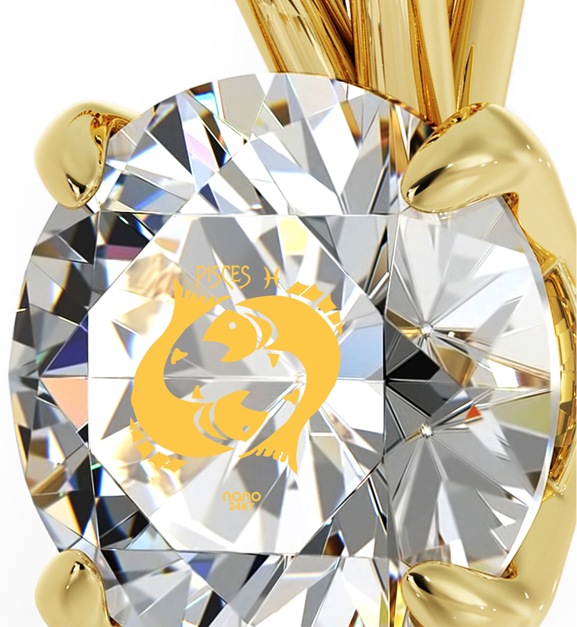 14k Yellow Gold Pisces Necklace Zodiac Pendant 24k Gold Inscribed on Crystal - NanoStyle Jewelry