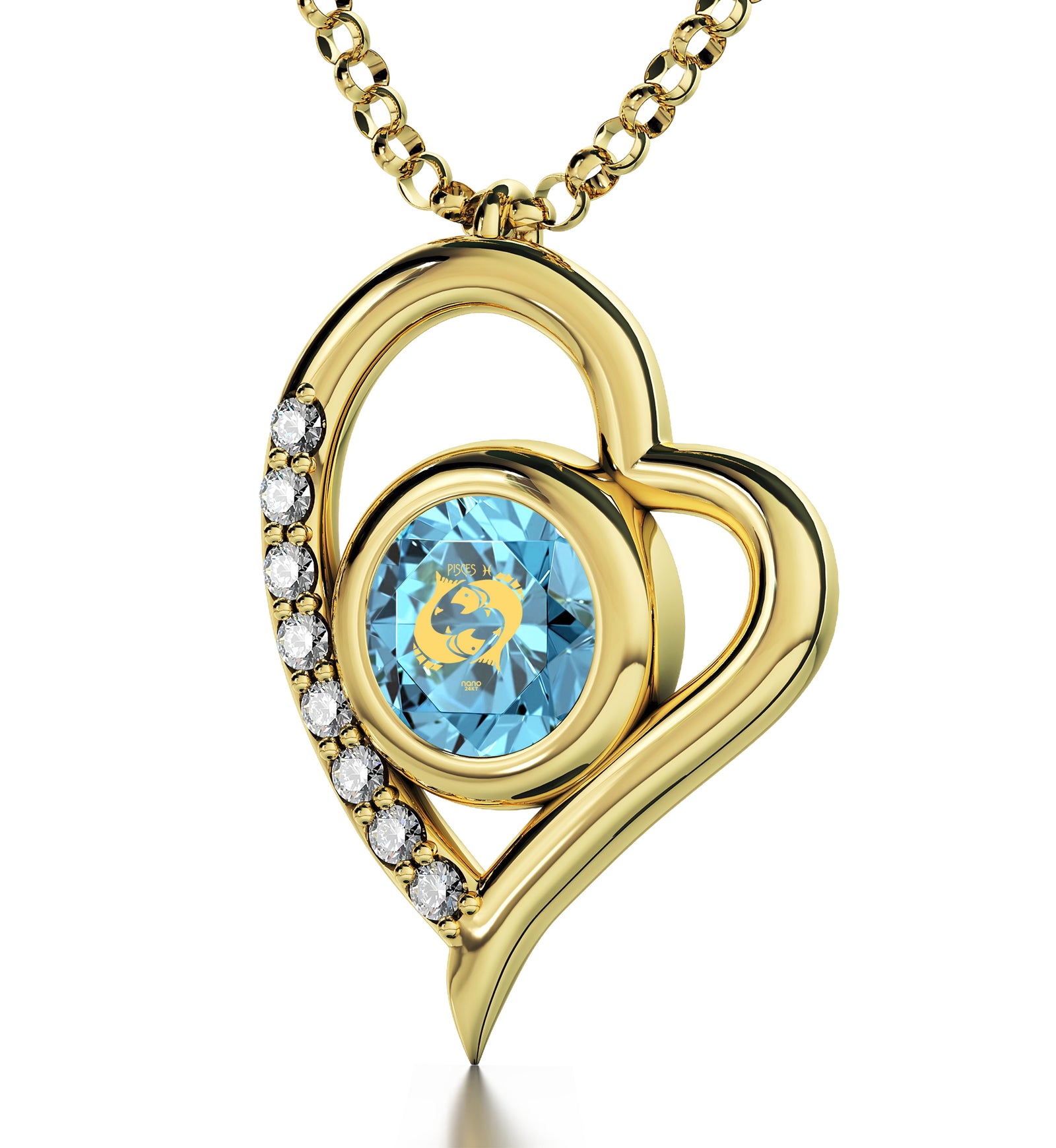 Gold Plated Pisces Necklace Zodiac Heart Pendant 24k Gold Inscribed on Crystal - NanoStyle Jewelry