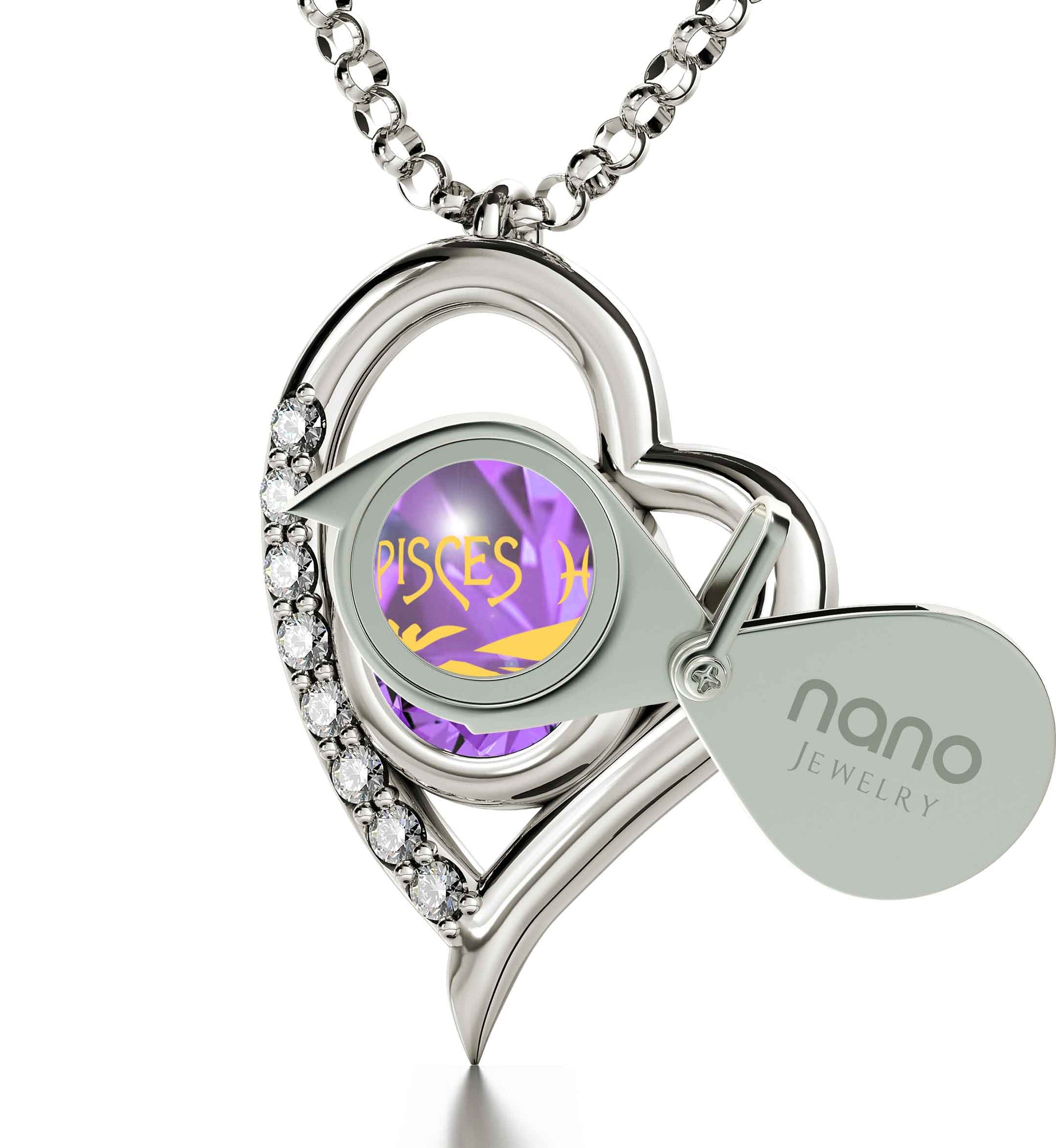 925 Sterling Silver Zodiac Heart Pendant Pisces Necklace 24k Gold Inscribed on Crystal - NanoStyle Jewelry