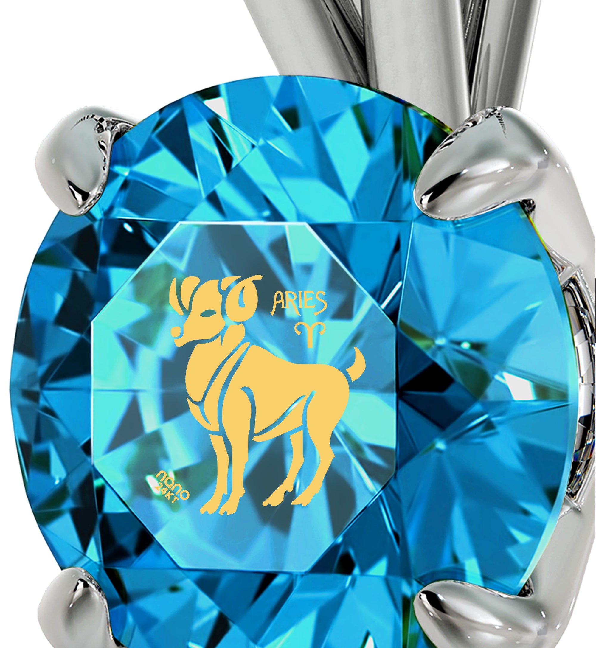 925 Sterling Silver Aries Necklace Zodiac Pendant 24k Gold inscribed on Crystal - NanoStyle Jewelry