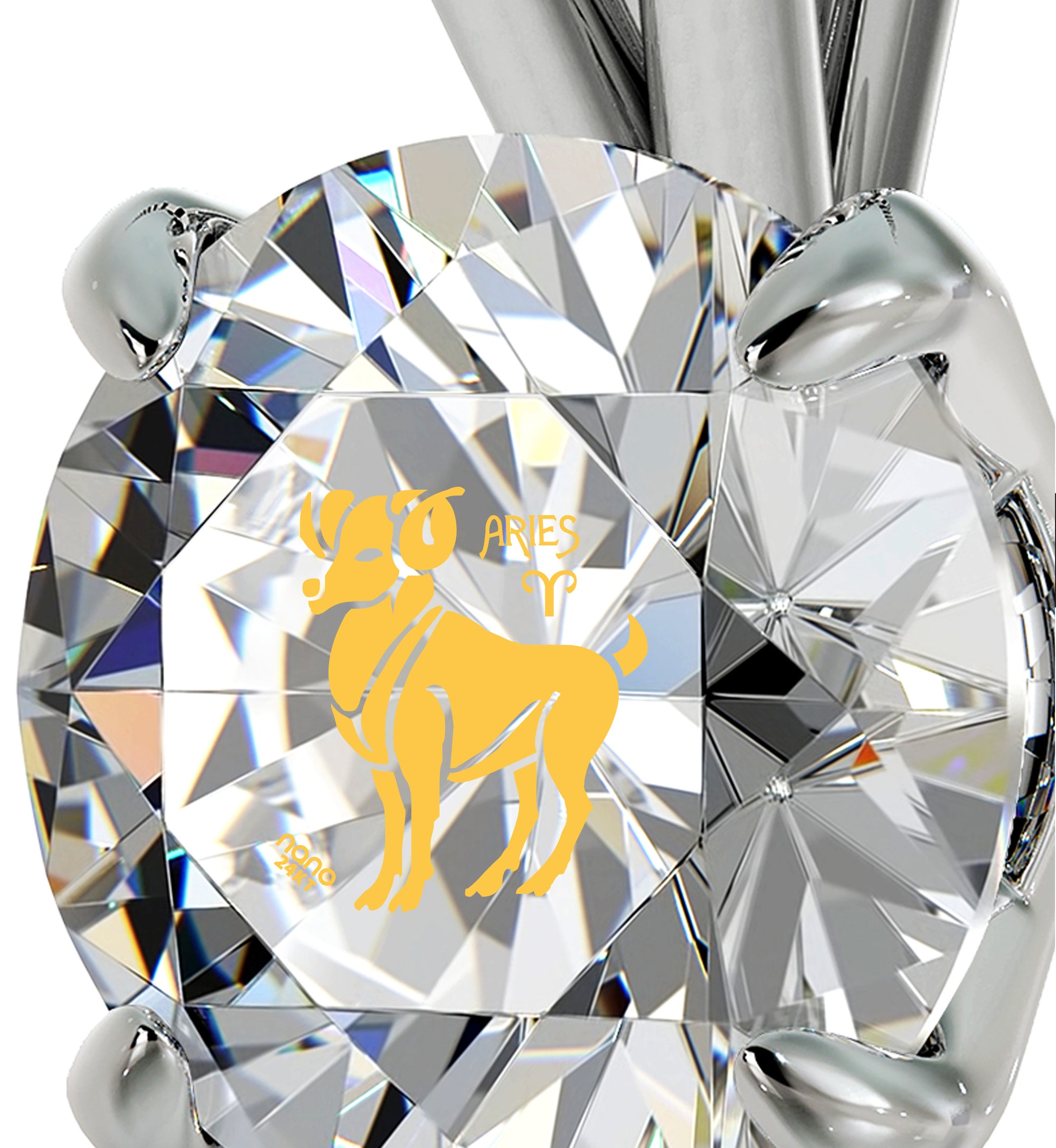 925 Sterling Silver Aries Necklace Zodiac Pendant 24k Gold inscribed on Crystal - NanoStyle Jewelry