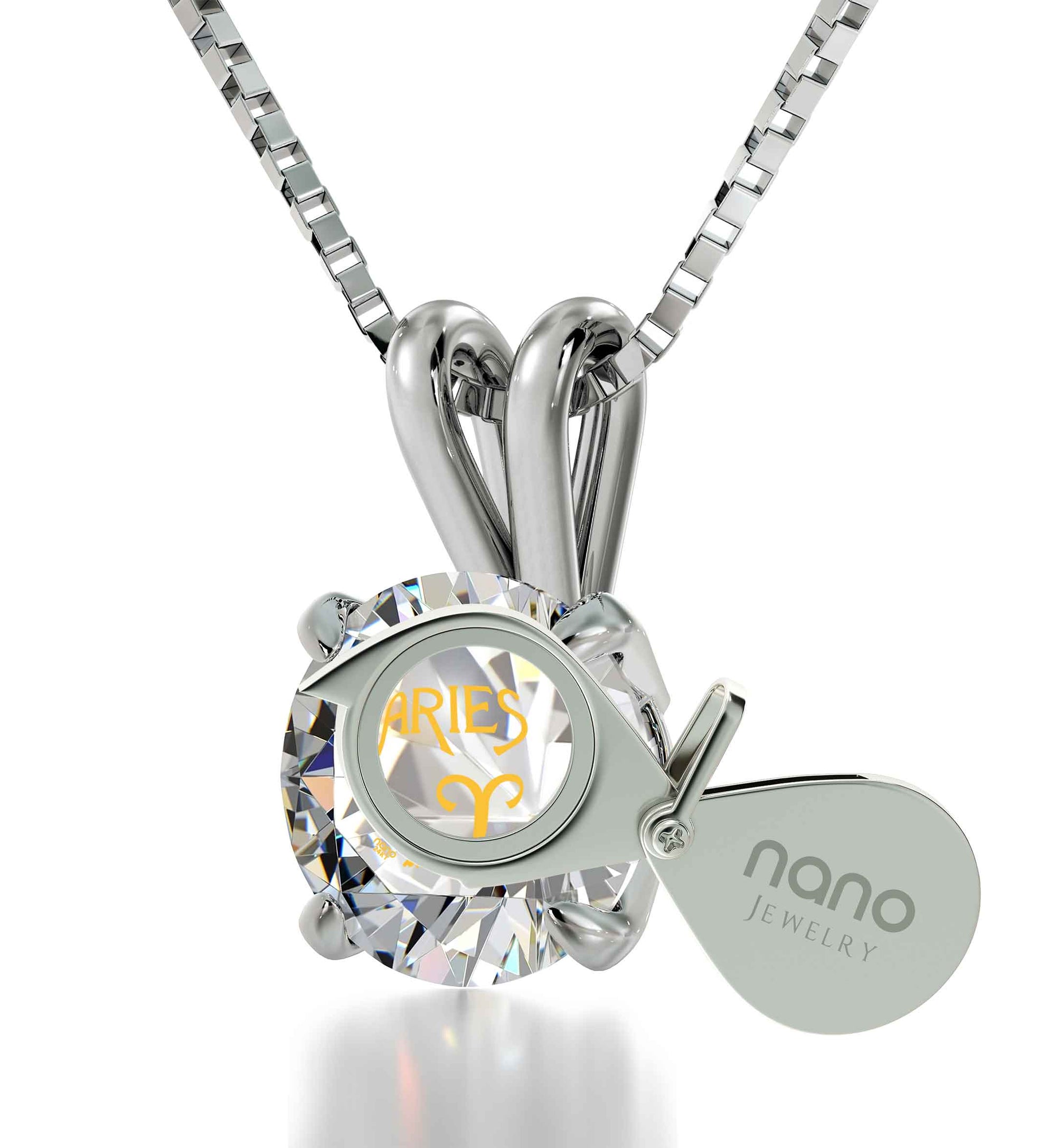925 Sterling Silver Aries Necklace Zodiac Pendant 24k Gold inscribed on Crystal - NanoStyle Jewelry
