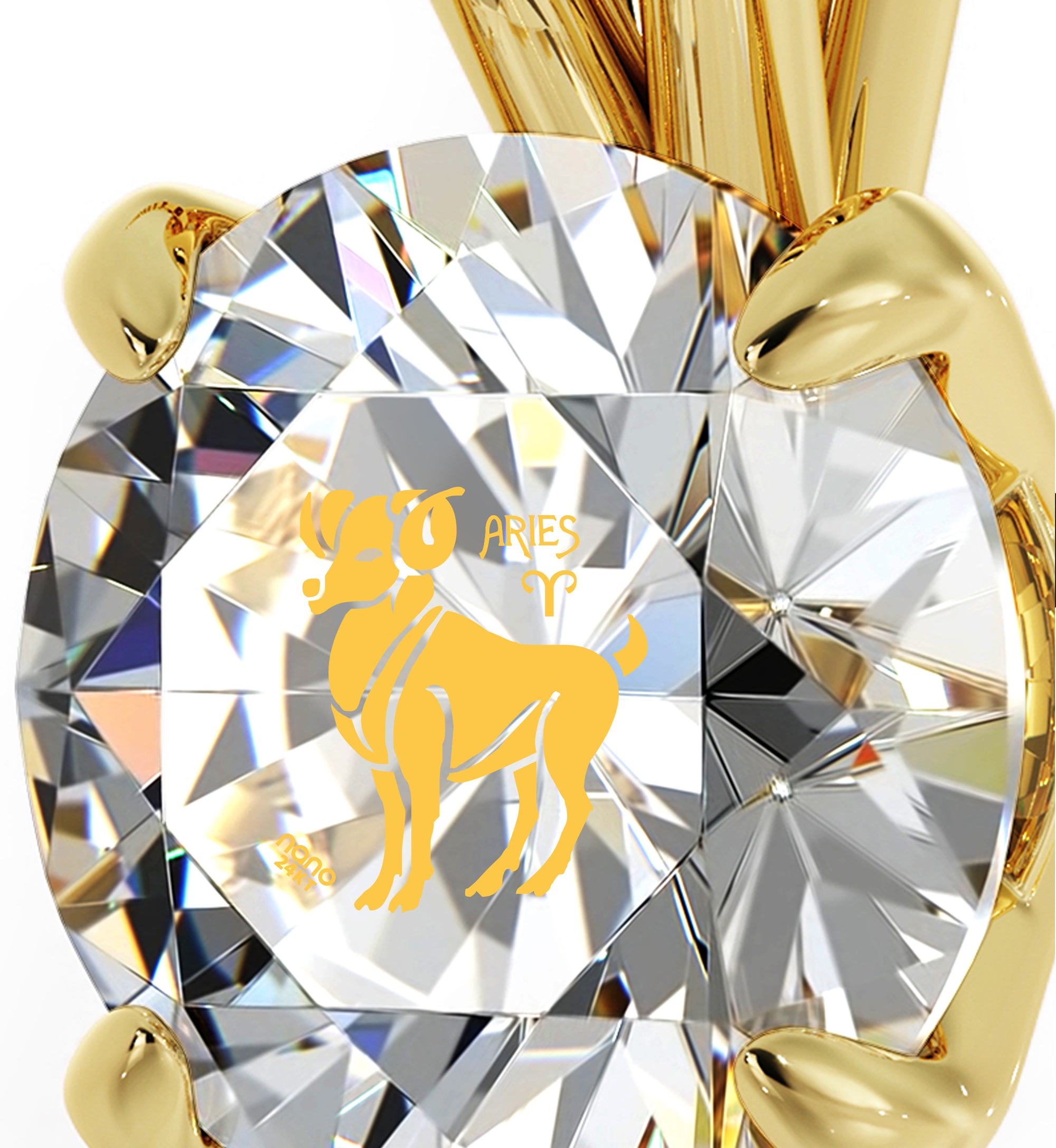 Gold Plated Aries Necklace Zodiac Pendant 24k Gold inscribed on Crystal  - NanoStyle Jewelry