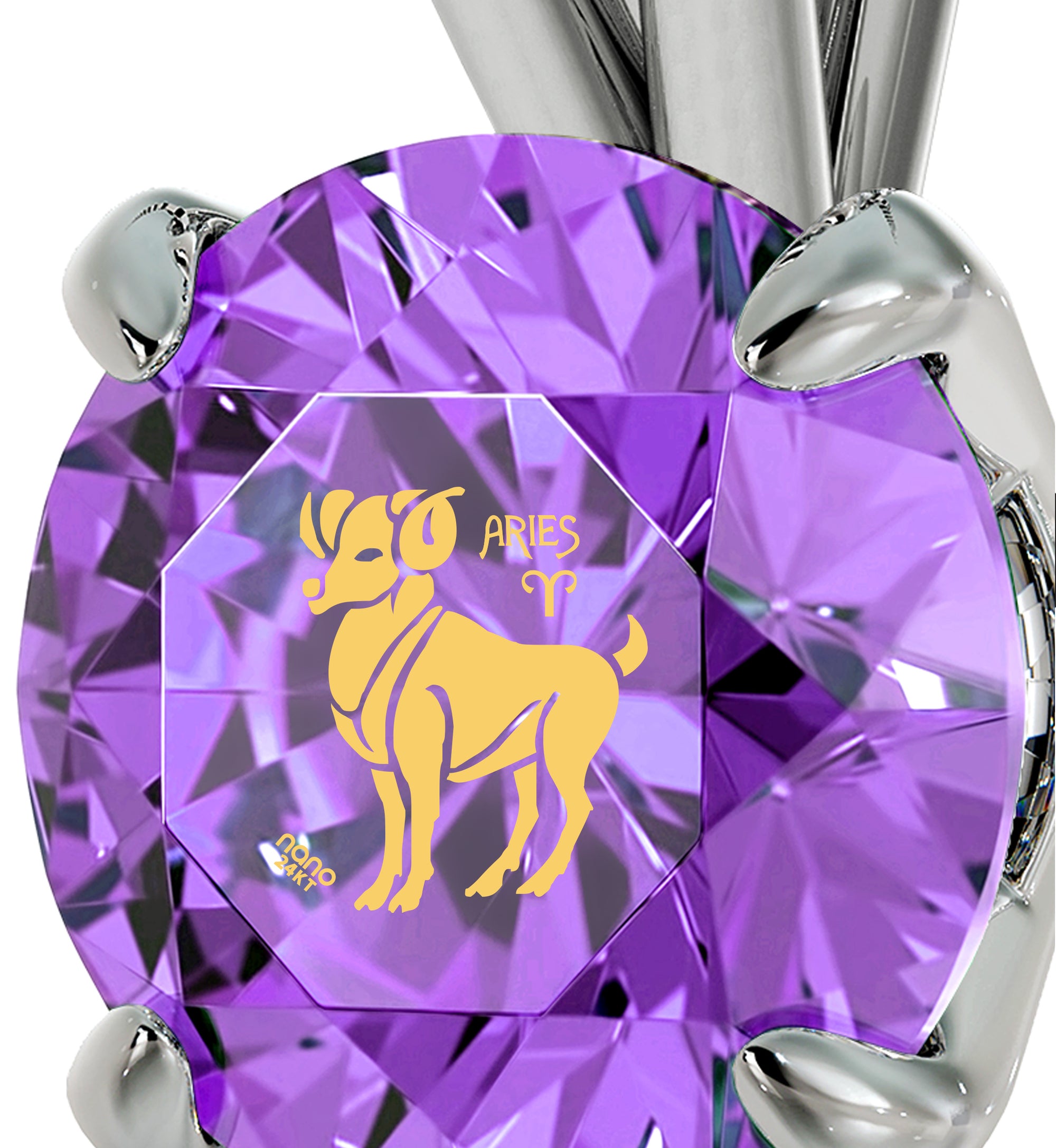 925 Sterling Silver Aries Necklace Zodiac Pendant 24k Gold inscribed on Crystal - NanoStyle Jewelry