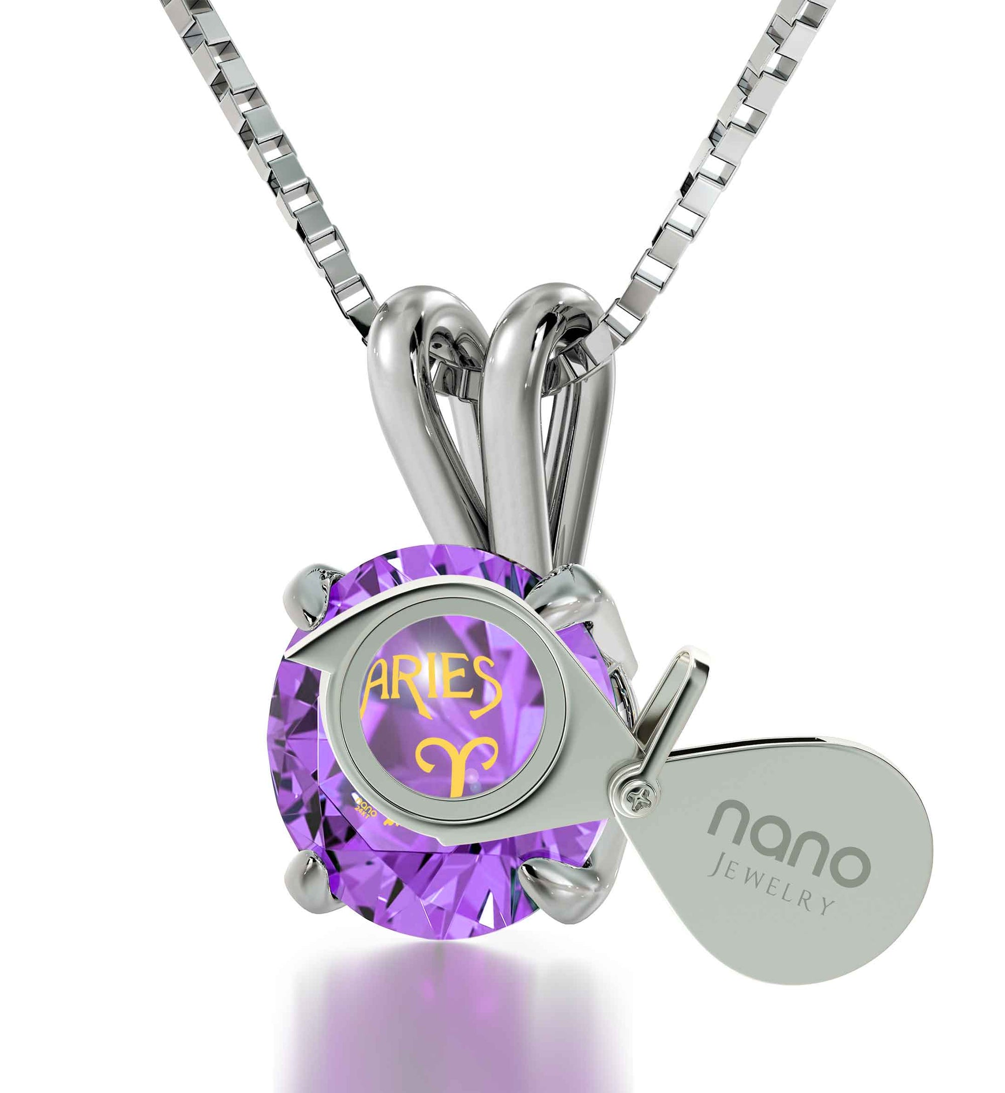 925 Sterling Silver Aries Necklace Zodiac Pendant 24k Gold inscribed on Crystal - NanoStyle Jewelry