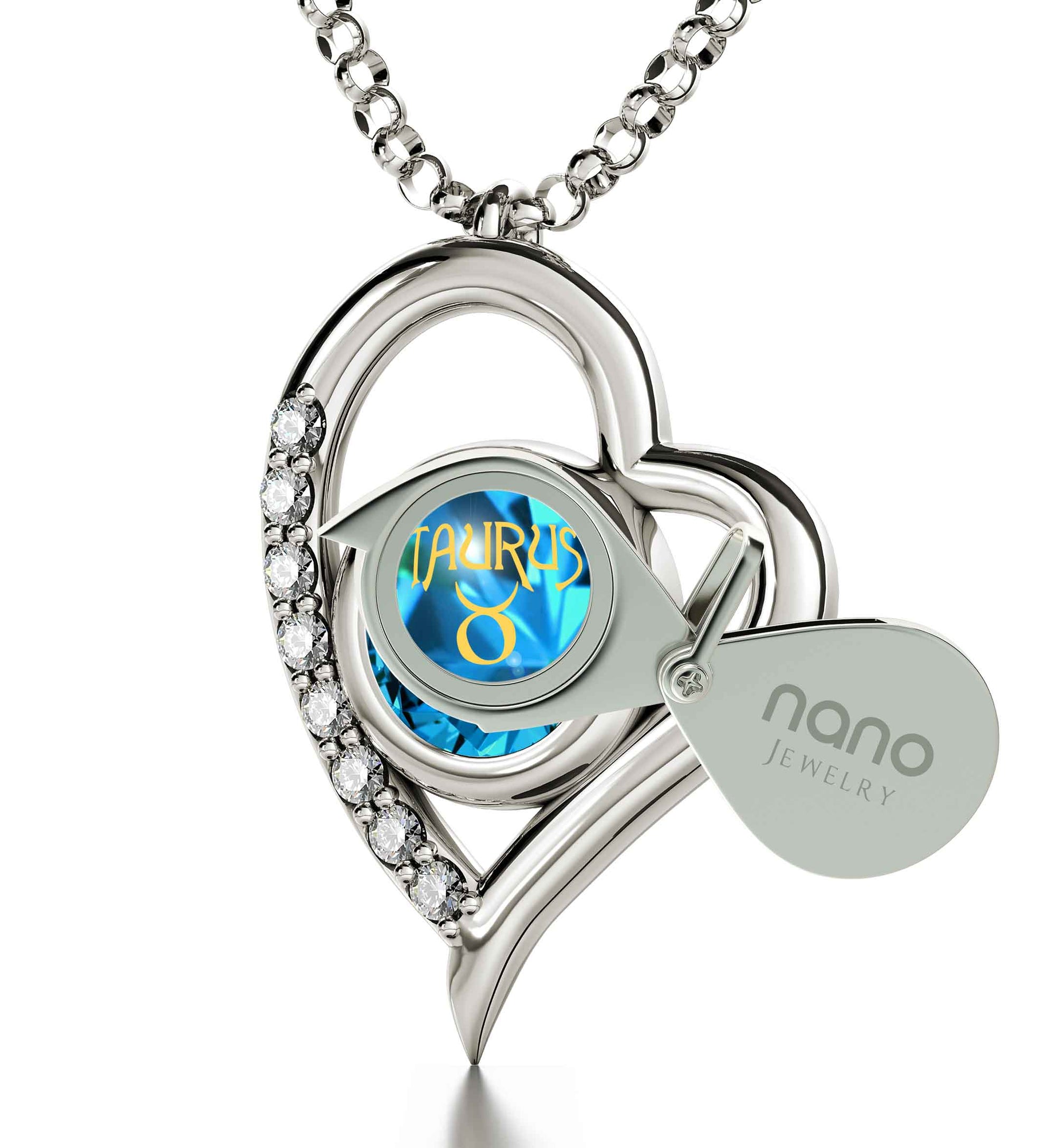 925 Sterling Silver Taurus Necklace Zodiac Heart Pendant 24k Gold Inscribed on Crystal - NanoStyle Jewelry