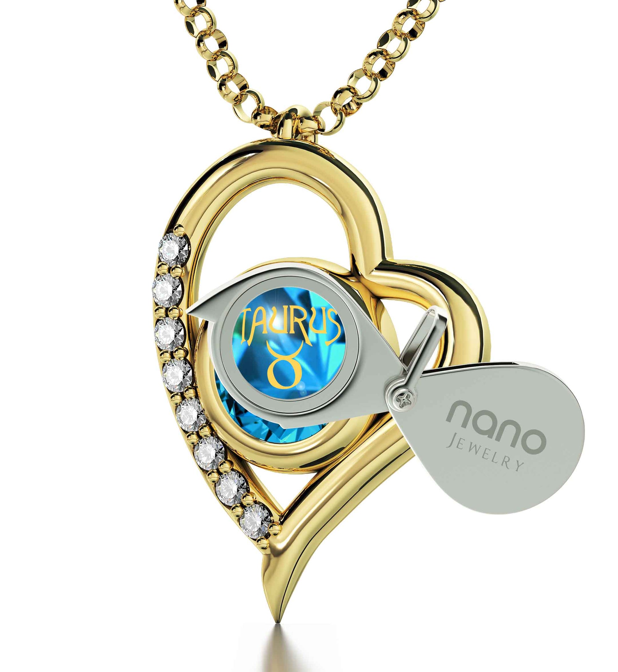 Gold Plated Taurus Necklace Zodiac Heart Pendant 24k Gold Inscribed on Crystal - NanoStyle Jewelry