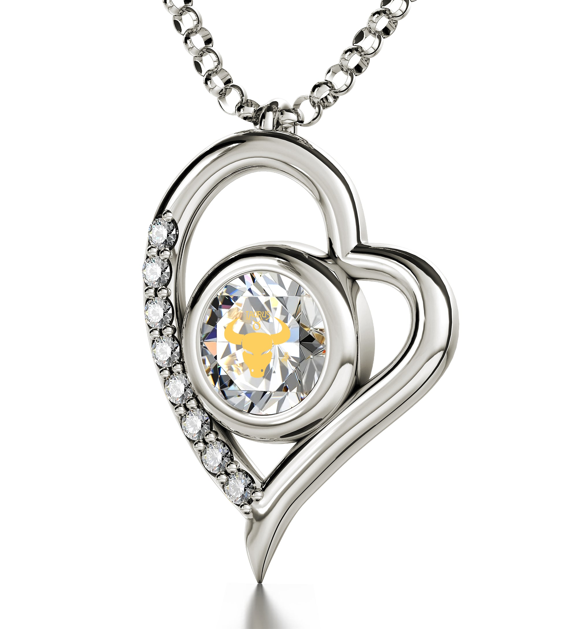 925 Sterling Silver Taurus Necklace Zodiac Heart Pendant 24k Gold Inscribed on Crystal - NanoStyle Jewelry