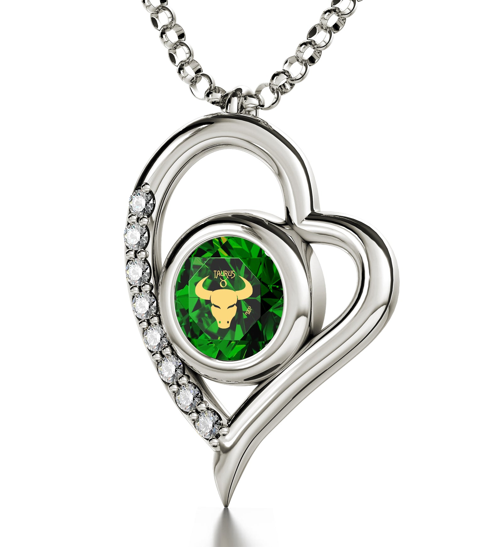 925 Sterling Silver Taurus Necklace Zodiac Heart Pendant 24k Gold Inscribed on Crystal - NanoStyle Jewelry