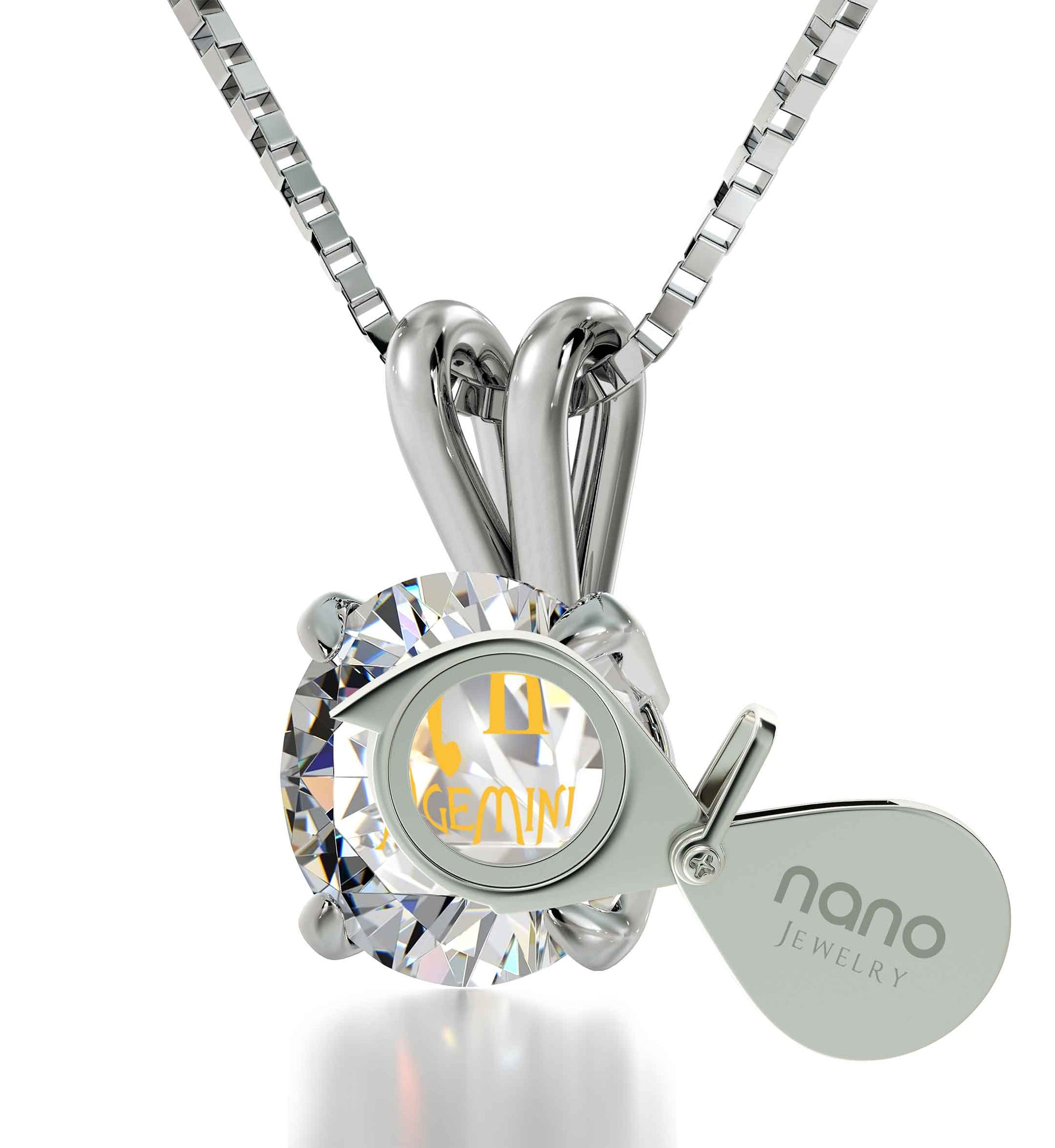 925 Sterling Silver Gemini Necklace Zodiac Pendant 24k Gold Inscribed on Crystal - NanoStyle Jewelry