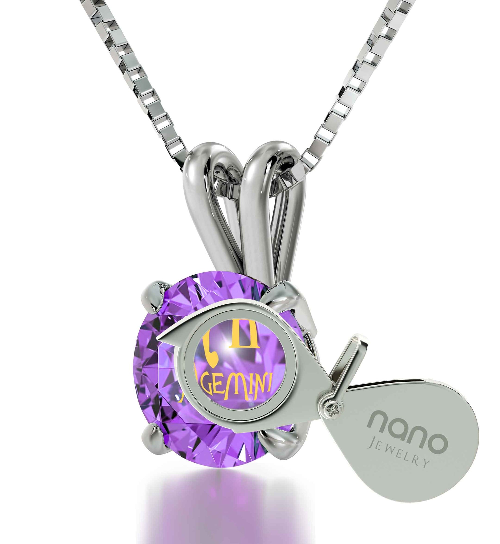 925 Sterling Silver Gemini Necklace Zodiac Pendant 24k Gold Inscribed on Crystal - NanoStyle Jewelry