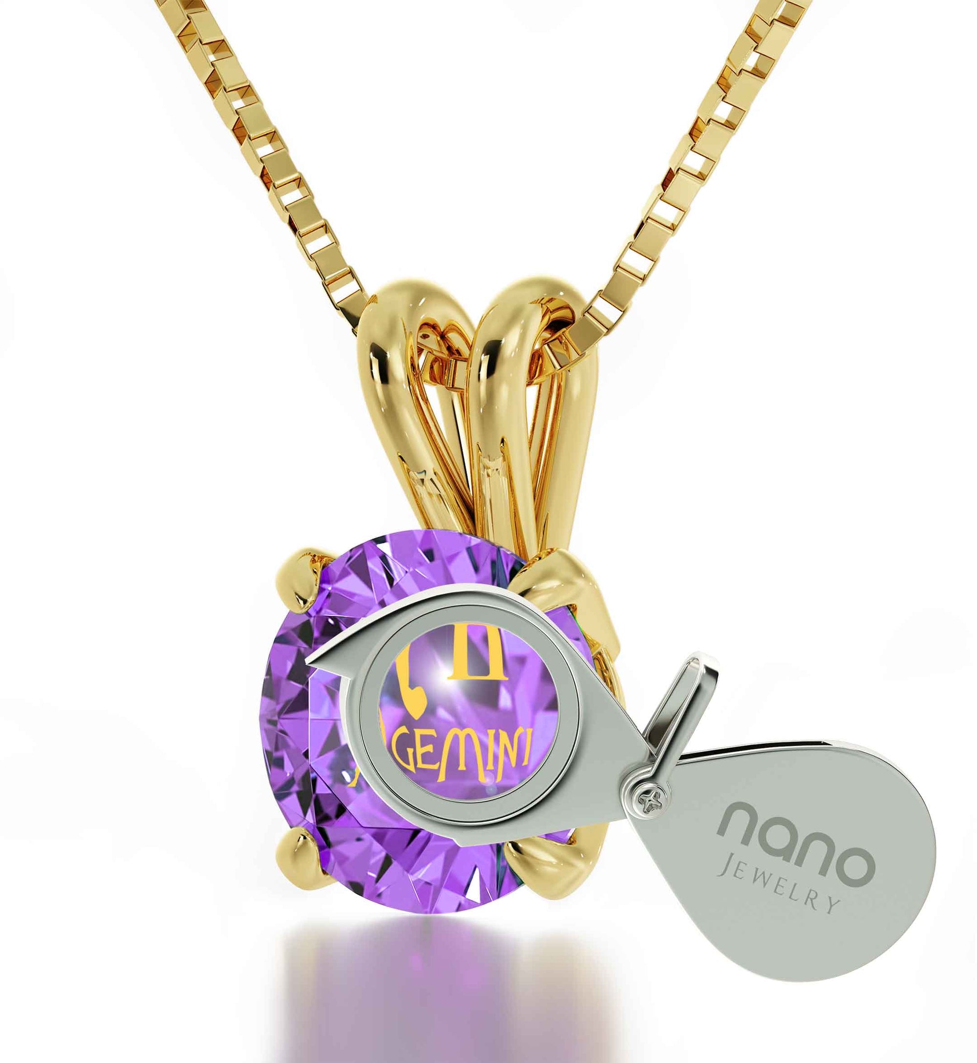 Gold Plated Gemini Necklace Zodiac Pendant 24k Gold Inscribed on Crystal - NanoStyle Jewelry