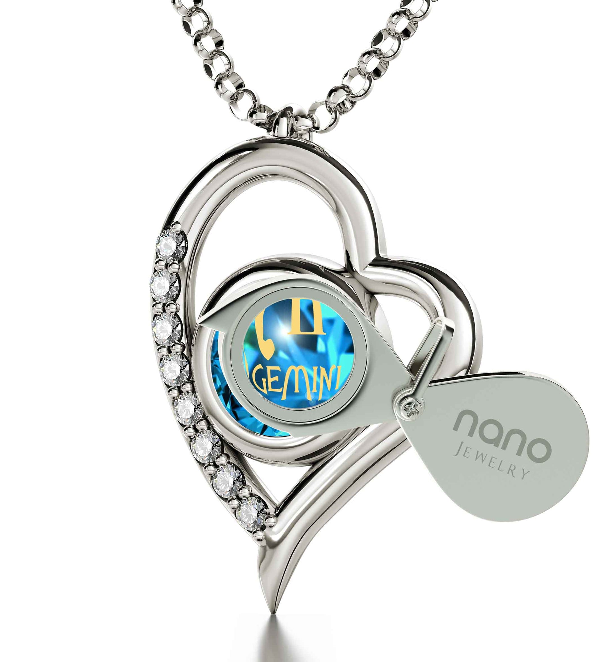 925 Sterling Silver Gemini Necklace Zodiac Heart Pendant 24k Gold Inscribed on Crystal - NanoStyle Jewelry