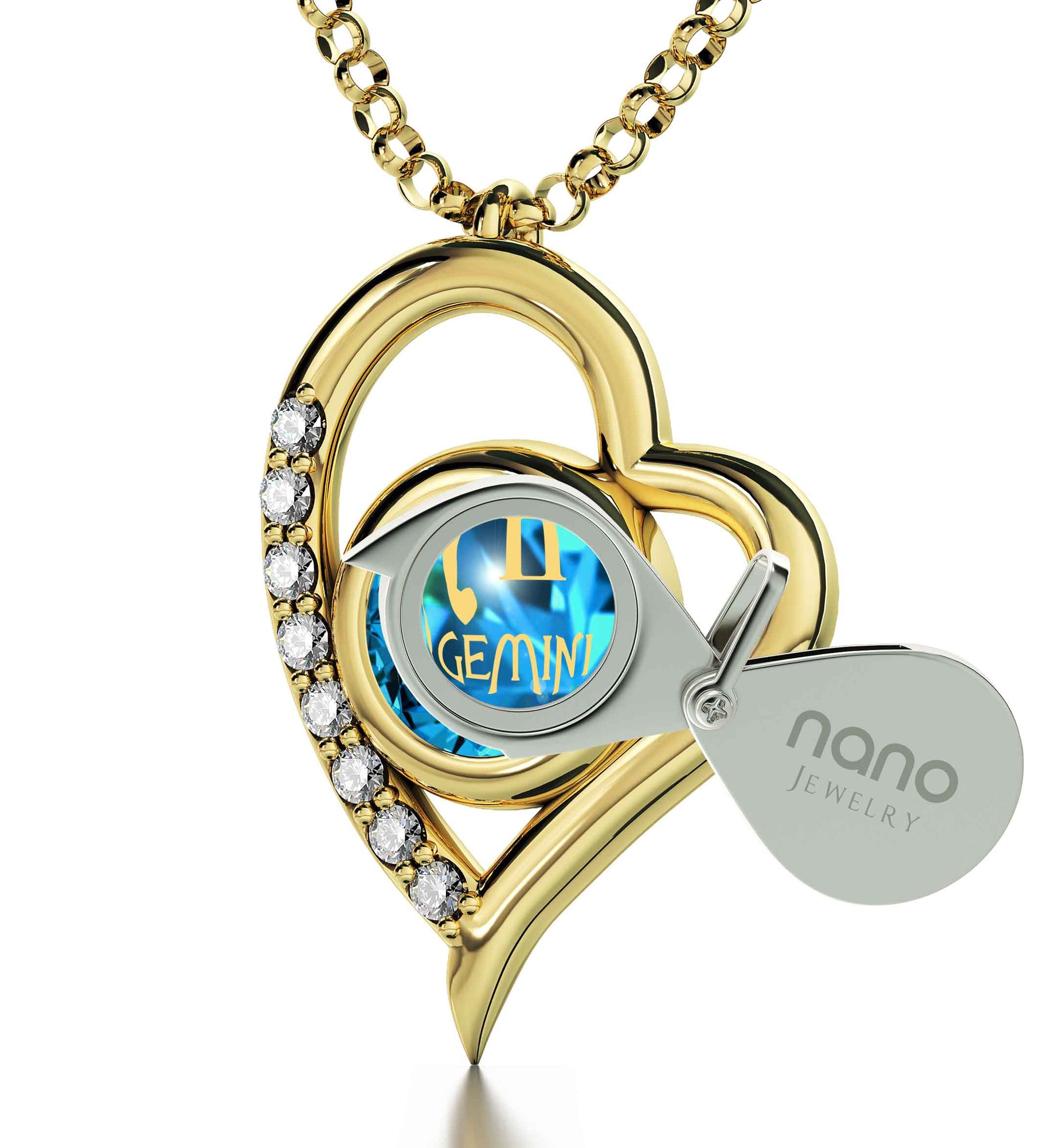 Gold Plated Gemini Necklace Zodiac Heart Pendant 24k Gold Inscribed on Crystal - NanoStyle Jewelry
