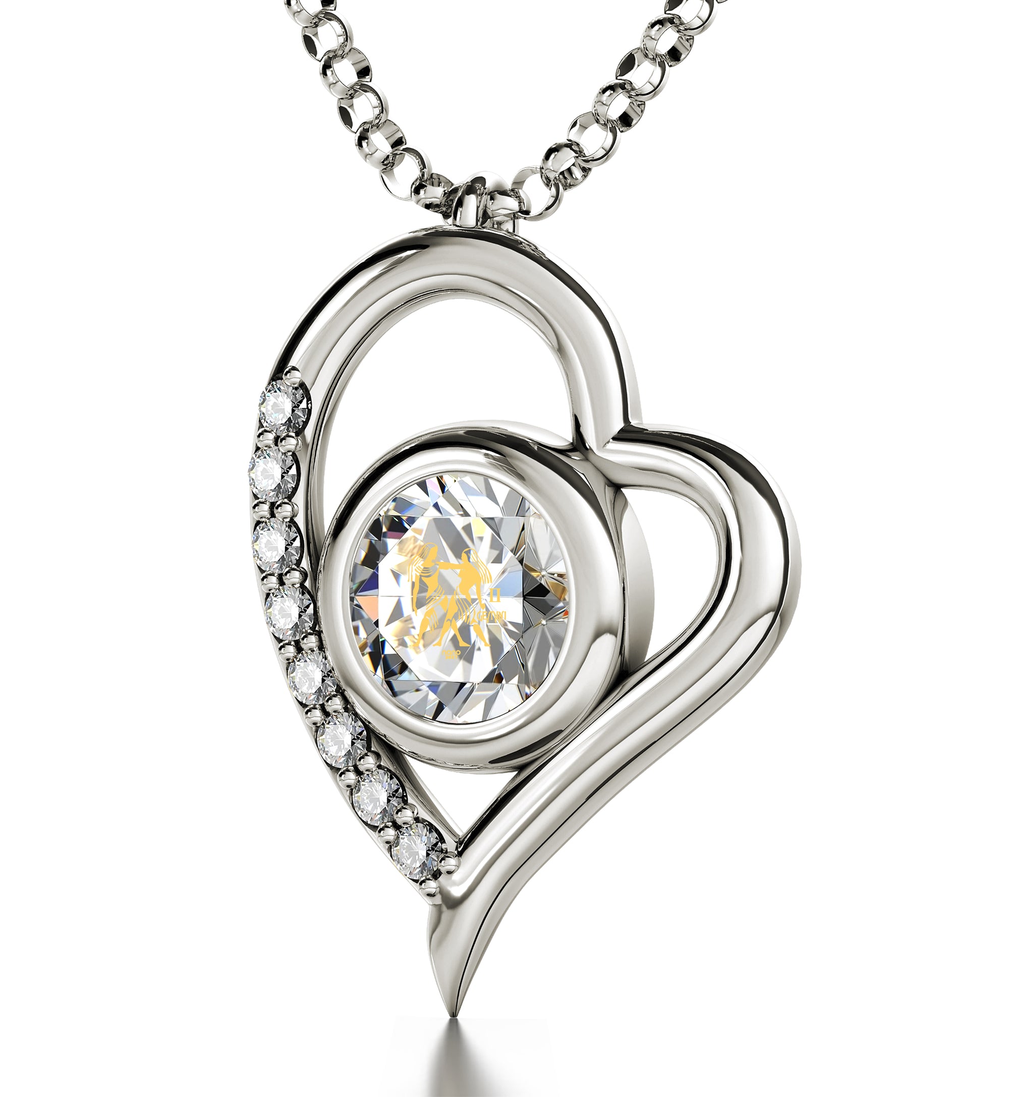 925 Sterling Silver Gemini Necklace Zodiac Heart Pendant 24k Gold Inscribed on Crystal - NanoStyle Jewelry