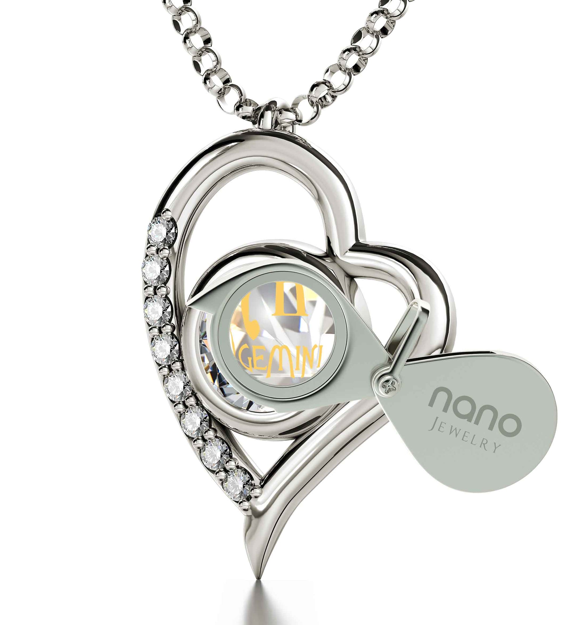 925 Sterling Silver Gemini Necklace Zodiac Heart Pendant 24k Gold Inscribed on Crystal - NanoStyle Jewelry