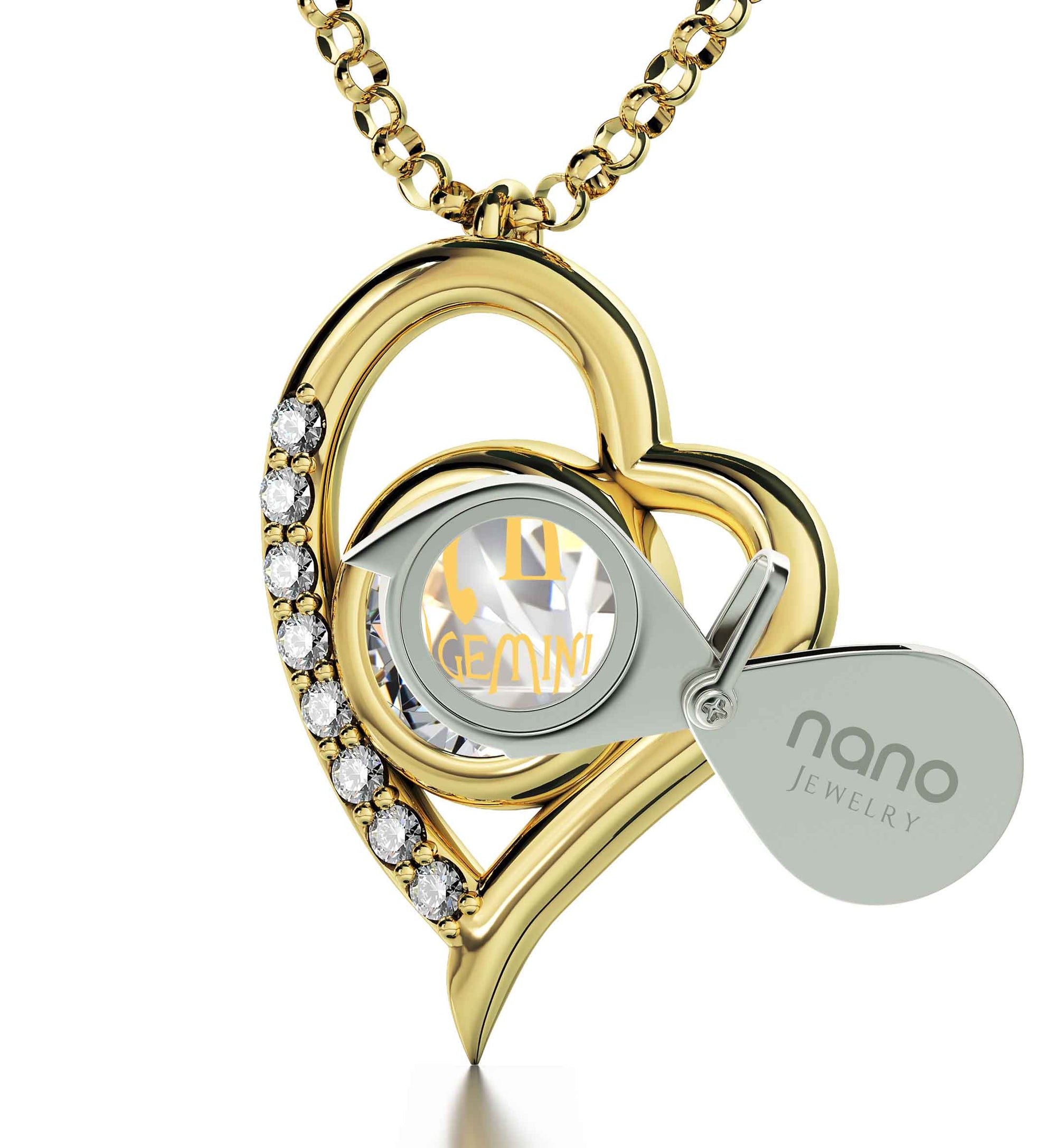 Gold Plated Gemini Necklace Zodiac Heart Pendant 24k Gold Inscribed on Crystal - NanoStyle Jewelry