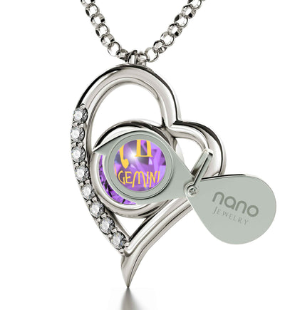 925 Sterling Silver Gemini Necklace Zodiac Heart Pendant 24k Gold Inscribed on Crystal - NanoStyle Jewelry