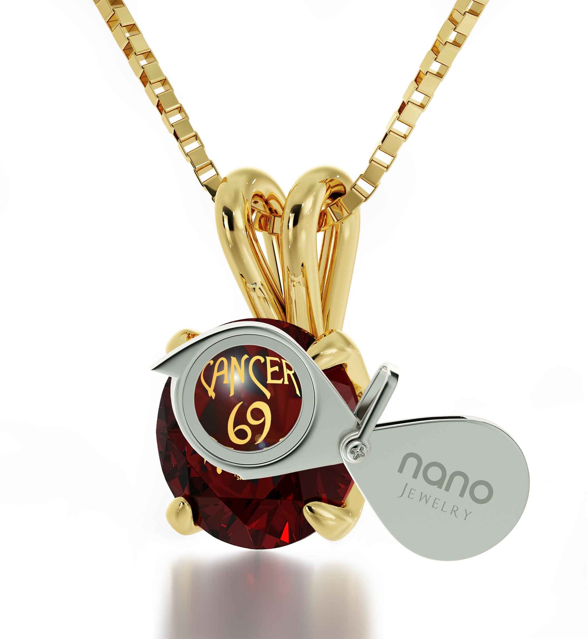 14k Yellow Gold Cancer Necklace Zodiac Pendant 24k Gold inscribed on Crystal - NanoStyle Jewelry