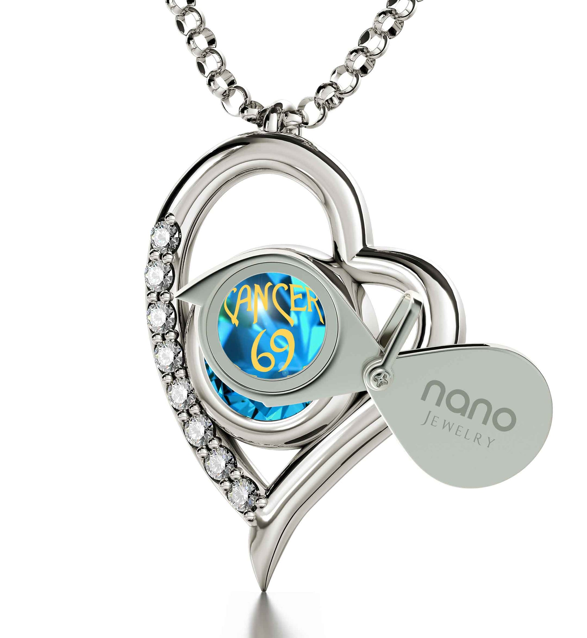 925 Sterling Silver Cancer Necklace Zodiac Heart Pendant 24k Gold inscribed on Crystal - NanoStyle Jewelry