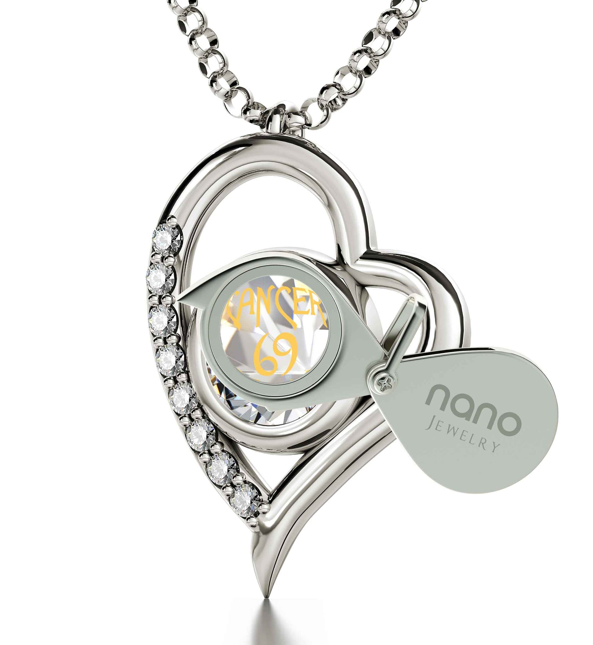 925 Sterling Silver Cancer Necklace Zodiac Heart Pendant 24k Gold inscribed on Crystal - NanoStyle Jewelry