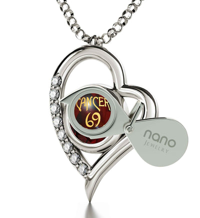 925 Sterling Silver Cancer Necklace Zodiac Heart Pendant 24k Gold inscribed on Crystal - NanoStyle Jewelry