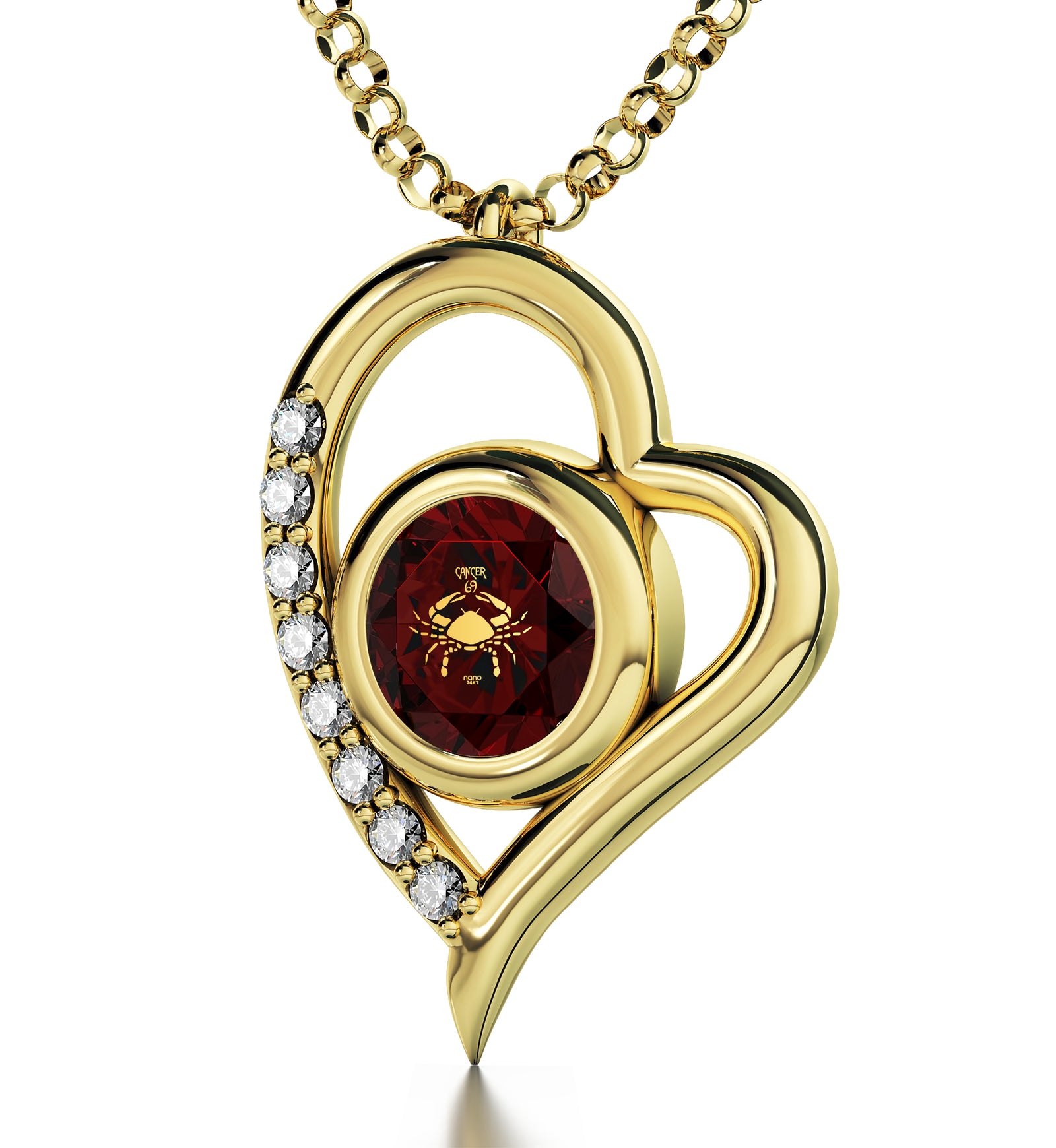 Gold Plated Cancer Necklace Zodiac Heart Pendant 24k Gold inscribed on Crystal - NanoStyle Jewelry