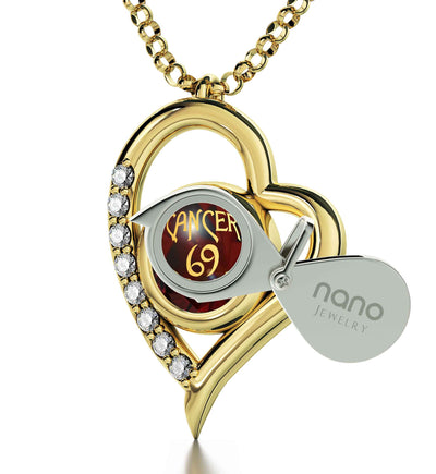 Gold Plated Cancer Necklace Zodiac Heart Pendant 24k Gold inscribed on Crystal - NanoStyle Jewelry