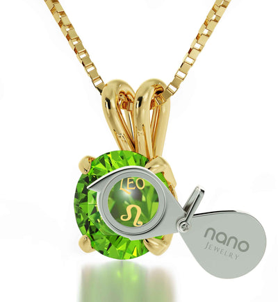 Gold Plated Leo Necklace Zodiac Pendant 24k Gold Inscribed on Crystal - NanoStyle Jewelry