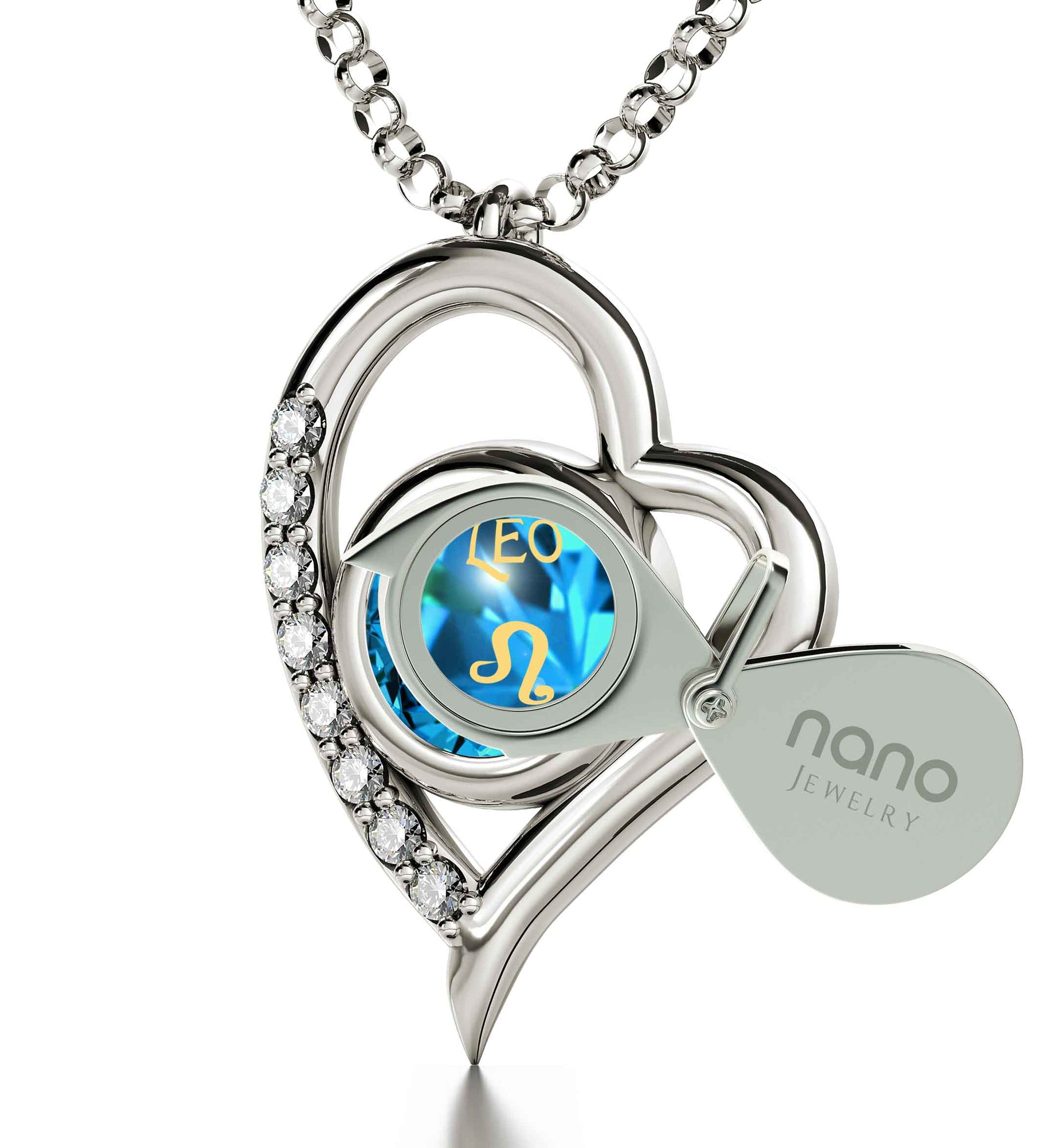 925 Sterling Silver Leo Necklace Zodiac Heart Pendant 24k Gold Inscribed on Crystal - NanoStyle Jewelry