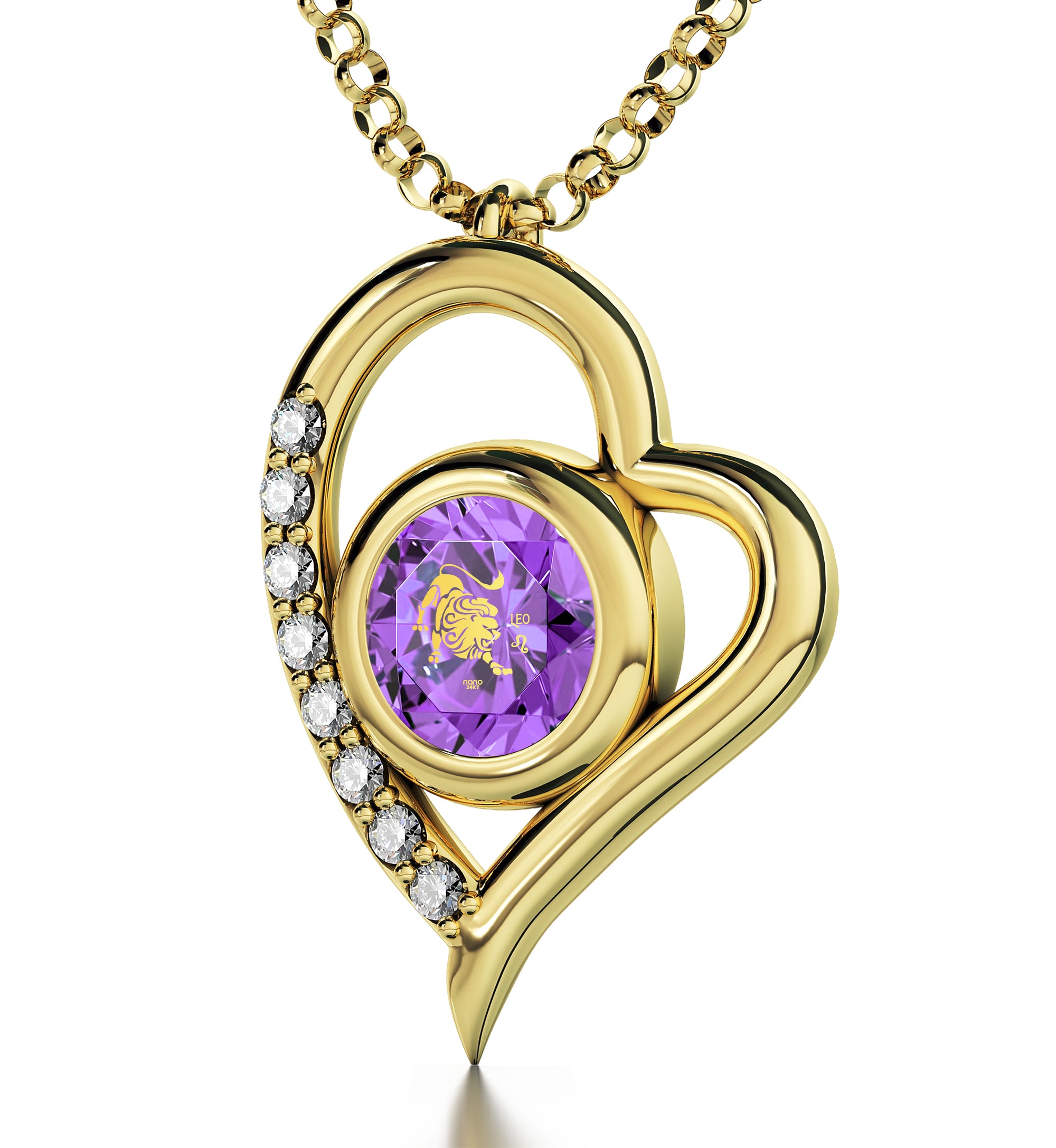 Gold Plated Leo Necklace Zodiac Heart Pendant 24k Gold Inscribed on Crystal - NanoStyle Jewelry